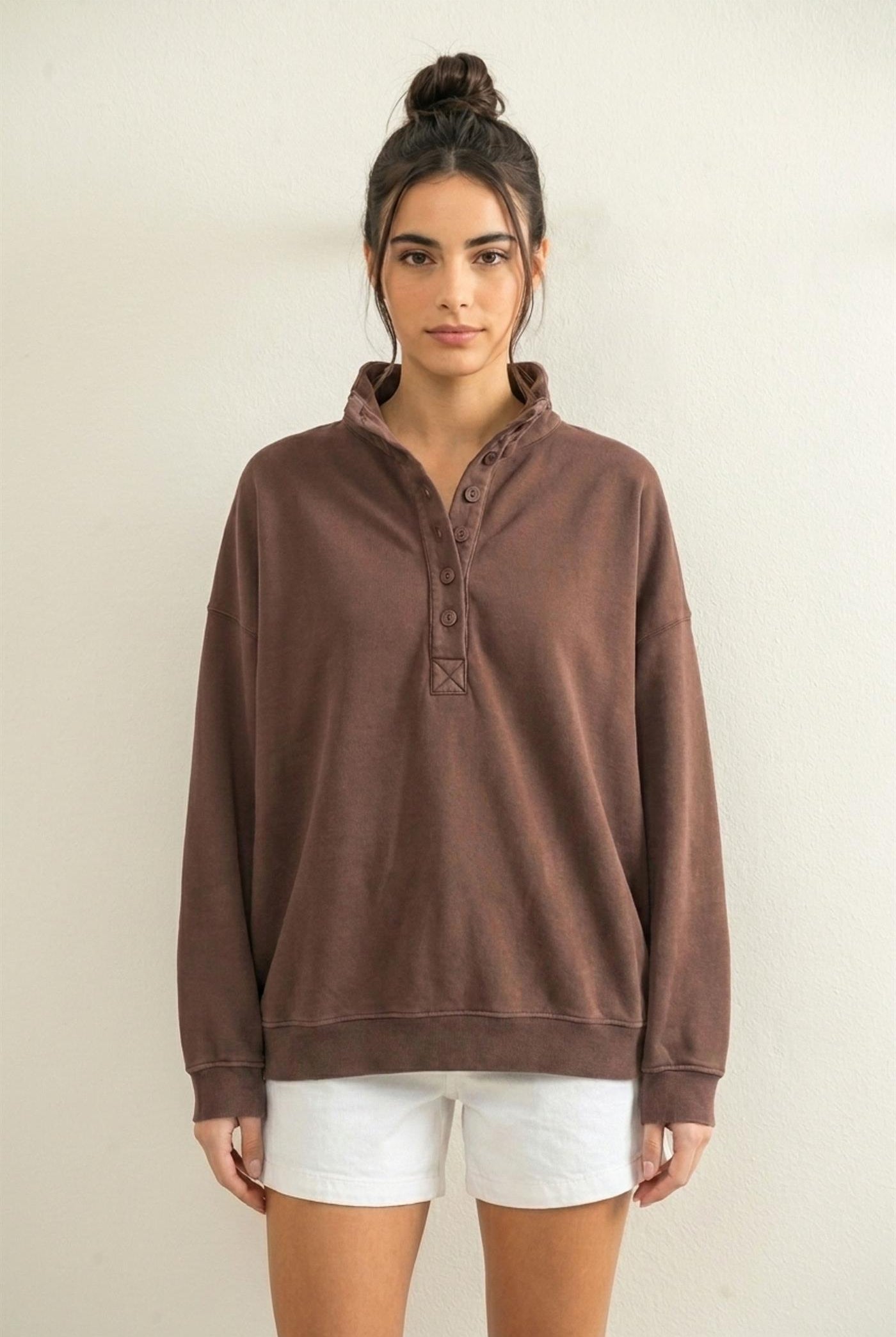 Wholesale Mineral Wash Button Front Sweatshirt Sweatshirts DZ26C909 DARK BROWN DOUBLE ZERO
