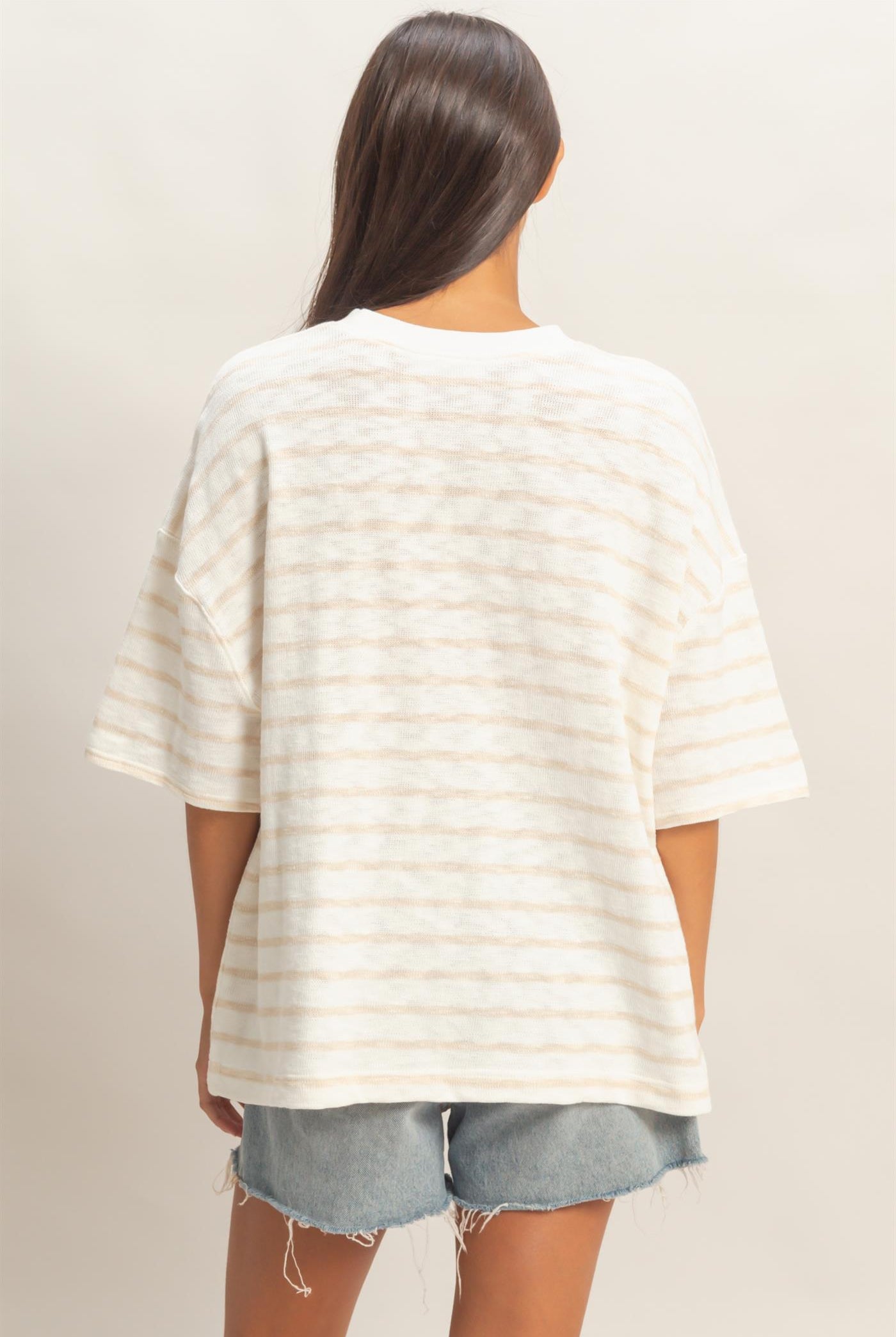 Wholesale Oversized Striped V-Stitch Short Sleeve Top Clothing Tops DZ26A455 TAUPE DOUBLE ZERO
