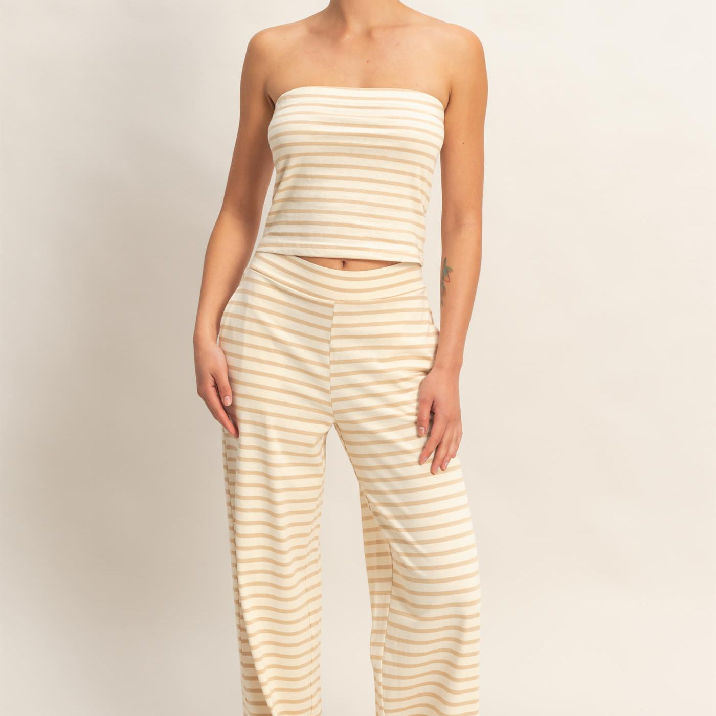 Wholesale Striped Jersey Tube Top And Pants Set Clothing DZ26C621-SET TAUPE DOUBLE ZERO