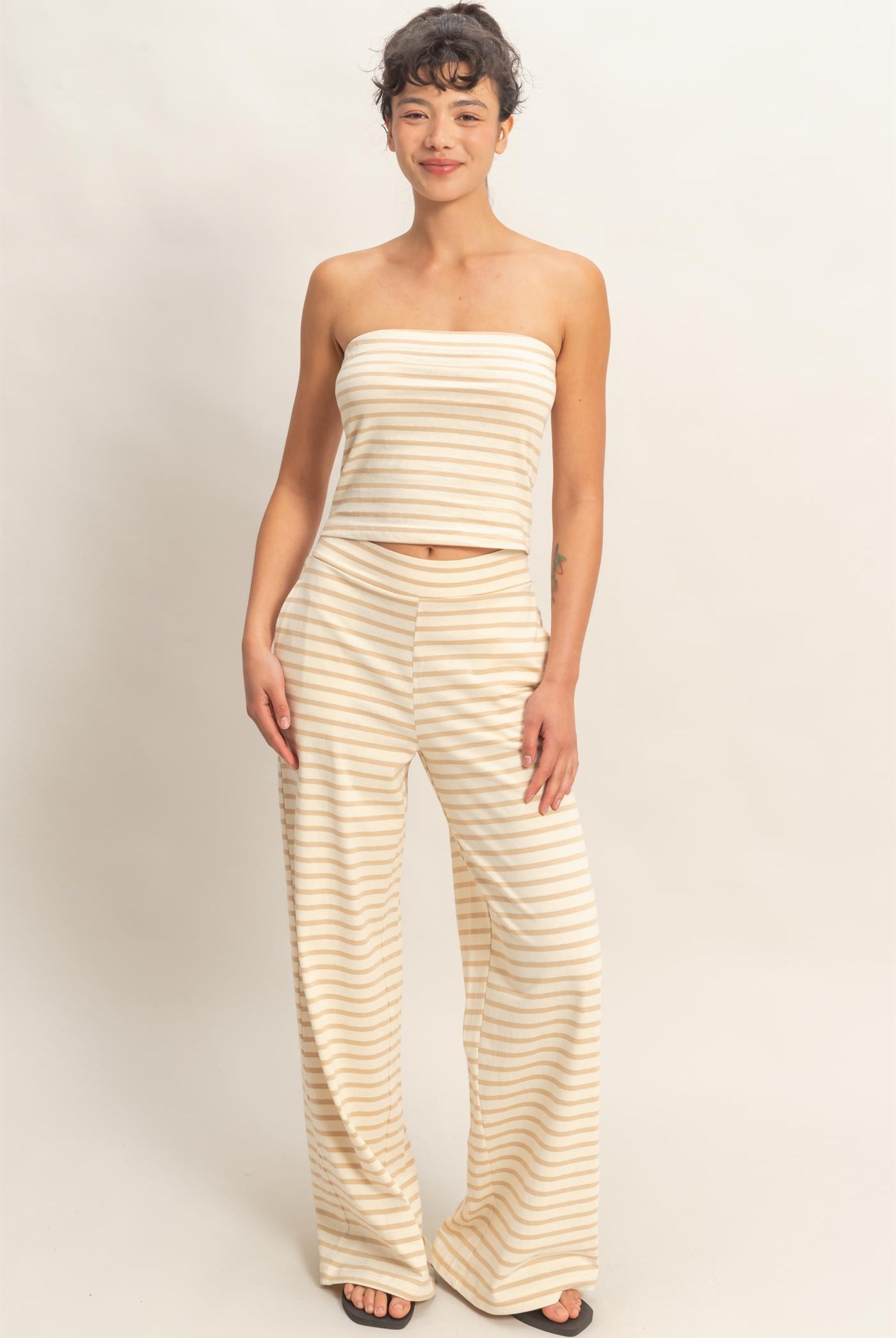 Wholesale Striped Jersey Tube Top And Pants Set Clothing DZ26C621-SET TAUPE DOUBLE ZERO