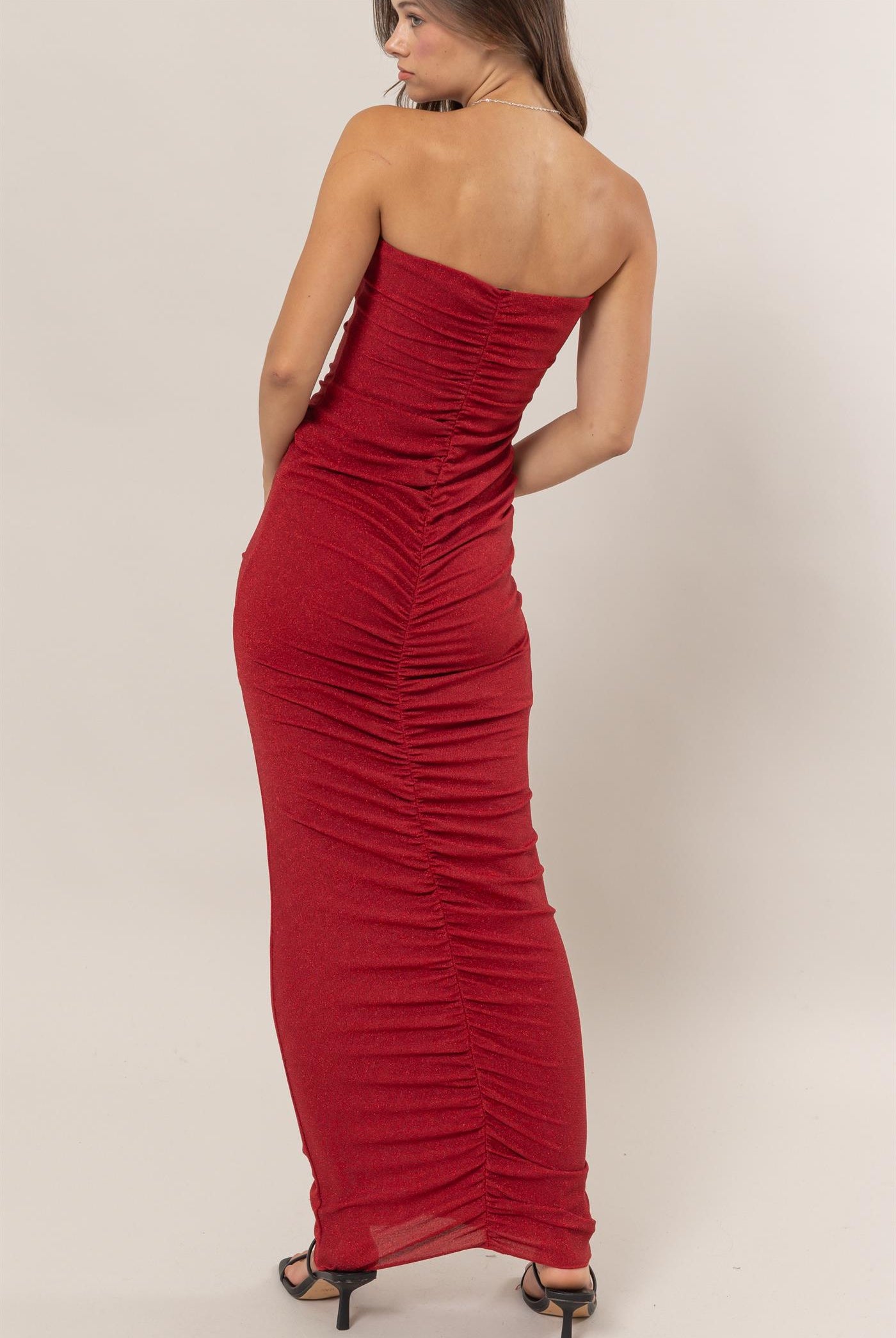 Wholesale Glitter Knit Ruched Tube Dress Dresses HF25A865 RED HYFVE