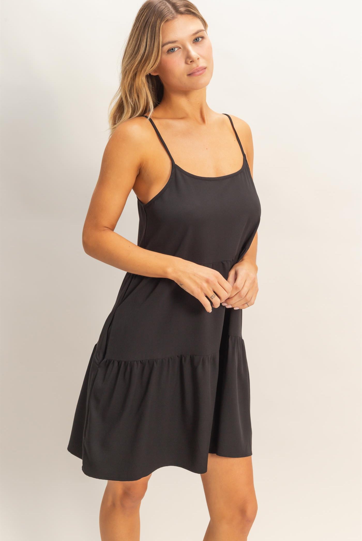 Wholesale Tiered Spaghetti Strap Dress Dresses HF26E426-D BLACK HYFVE