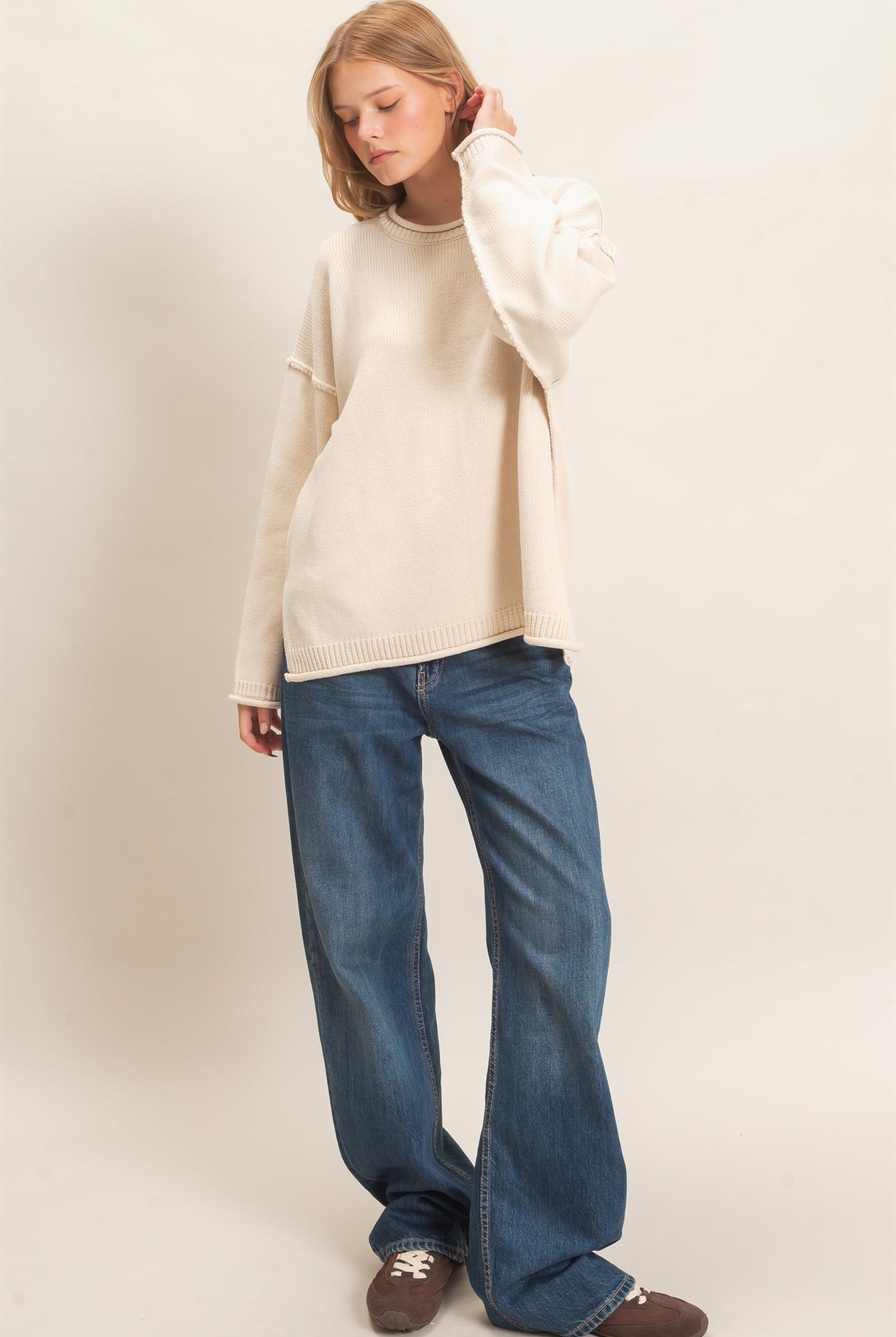 Wholesale Ribbed Crew Neck Sweater Sweaters HF26E769 SAND IVORY HYFVE