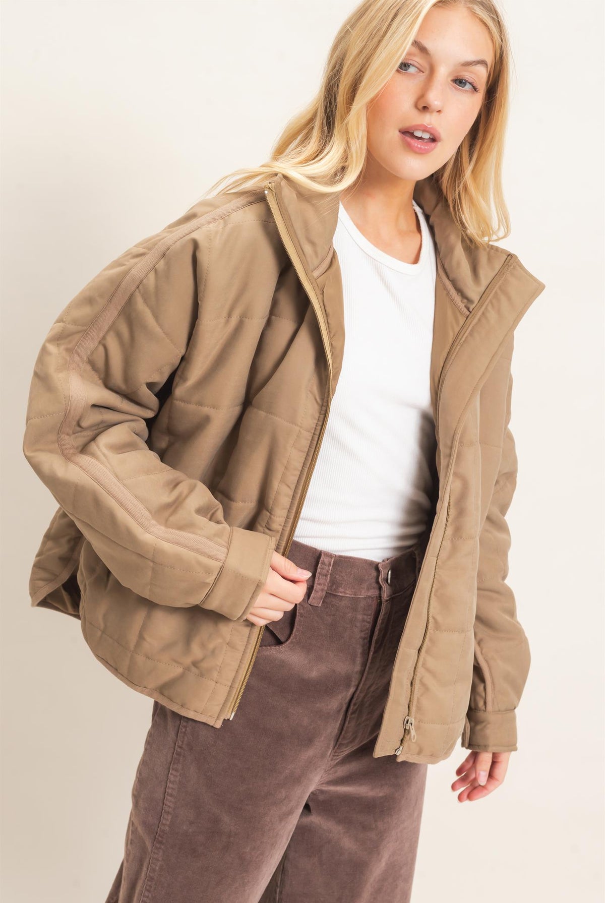 Wholesale Quilted High Collar Jacket Coats & Jackets HF26F167-D OLIVE HYFVE