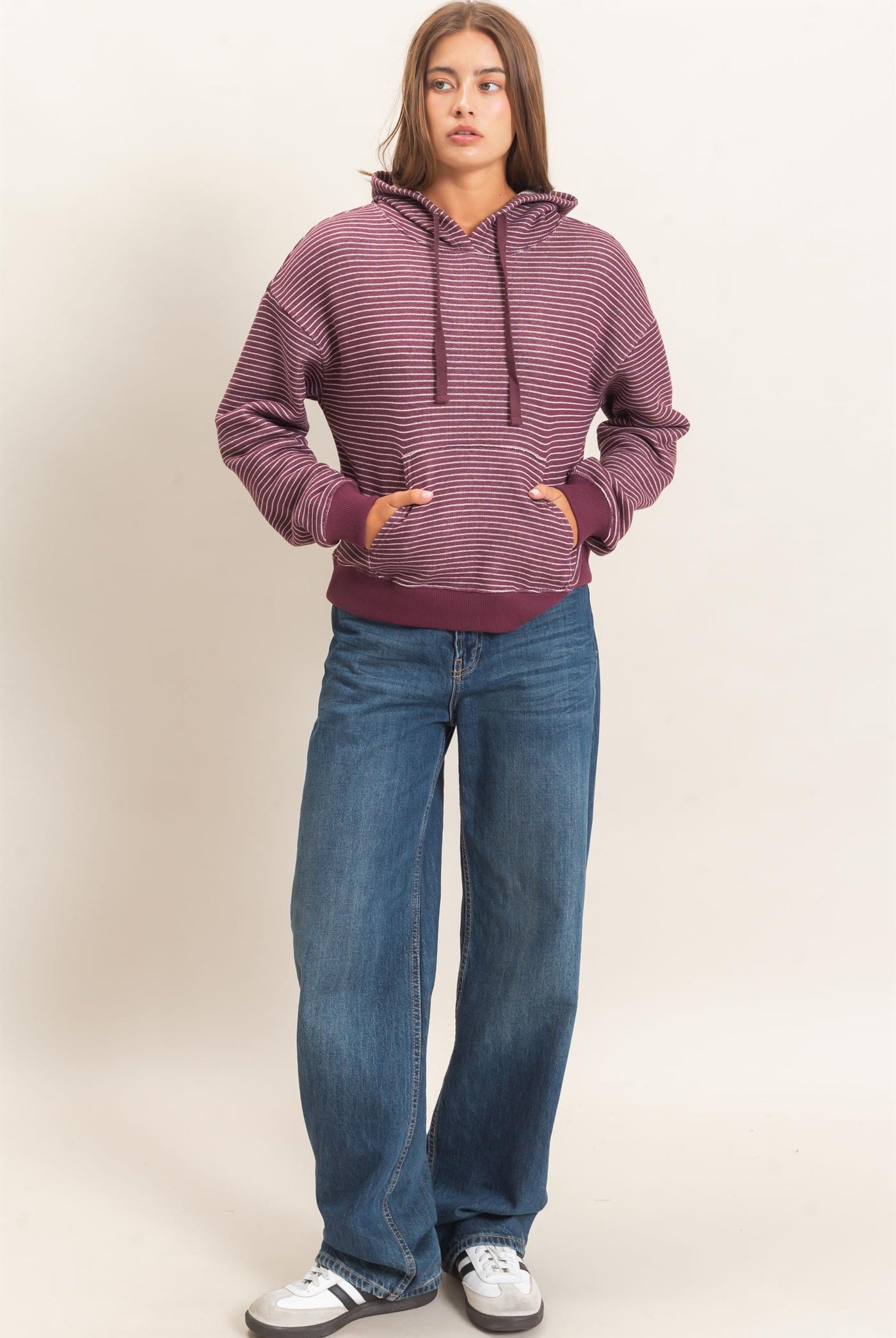Wholesale Striped French Terry Hoodie Hoodies DZ26C619 DARK CHERRY DOUBLE ZERO
