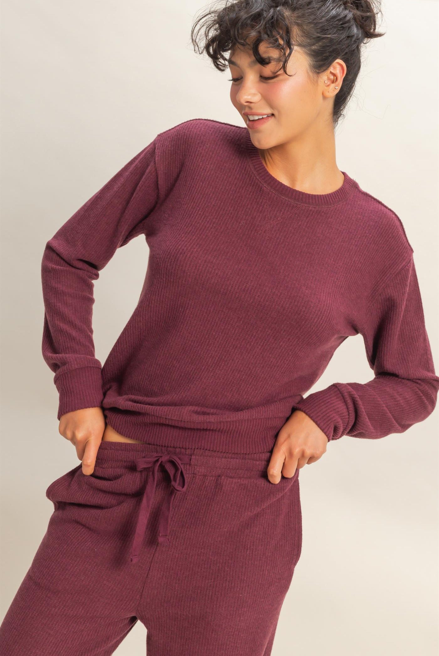 Wholesale Brushed Waffle Crew Neck Long Sleeve Top Clothing Tops DZ26A177 DARK CHERRY DOUBLE ZERO