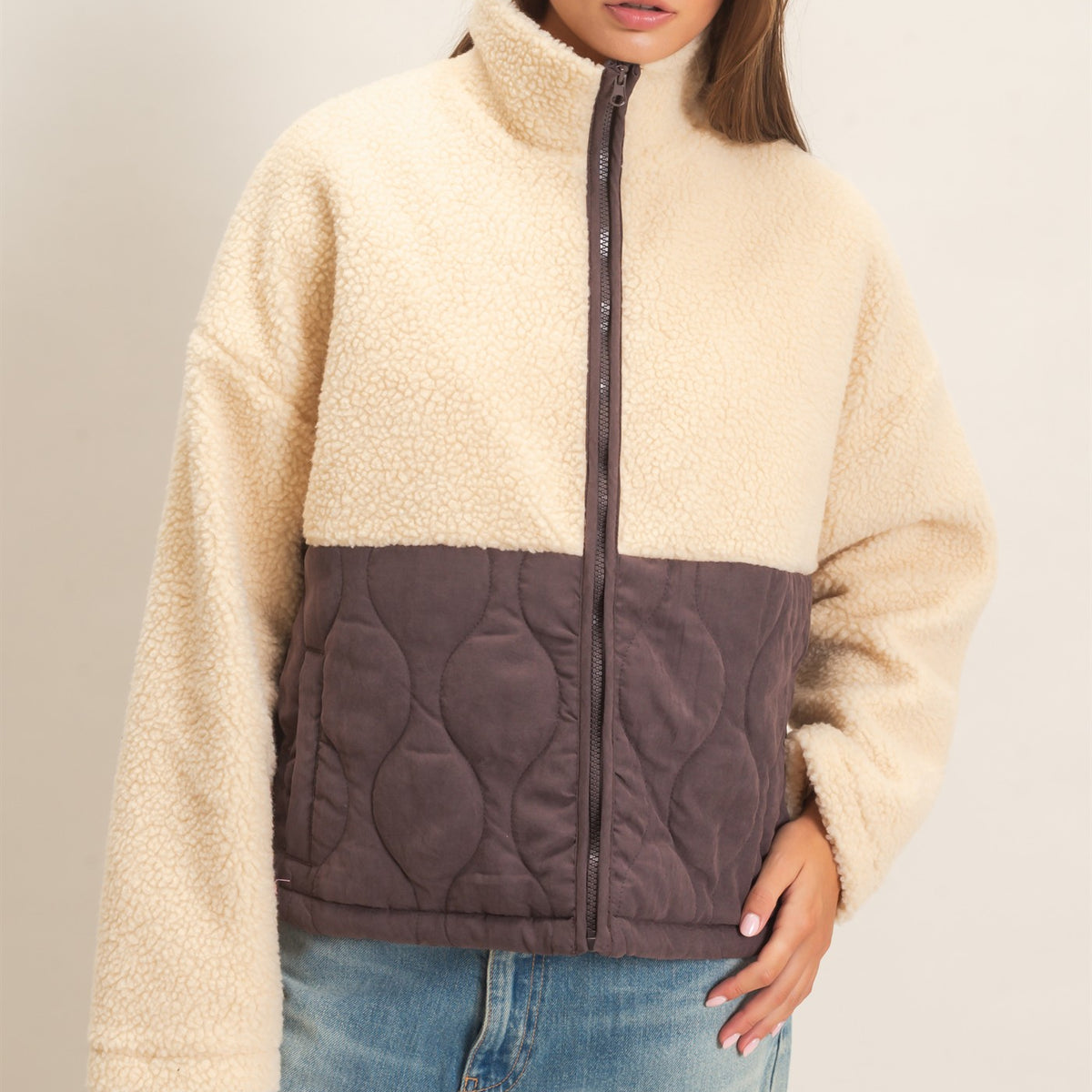 Wholesale Quilted Sherpa Zip Up Jacket Coats & Jackets DZ26F259 DARK BROWN DOUBLE ZERO