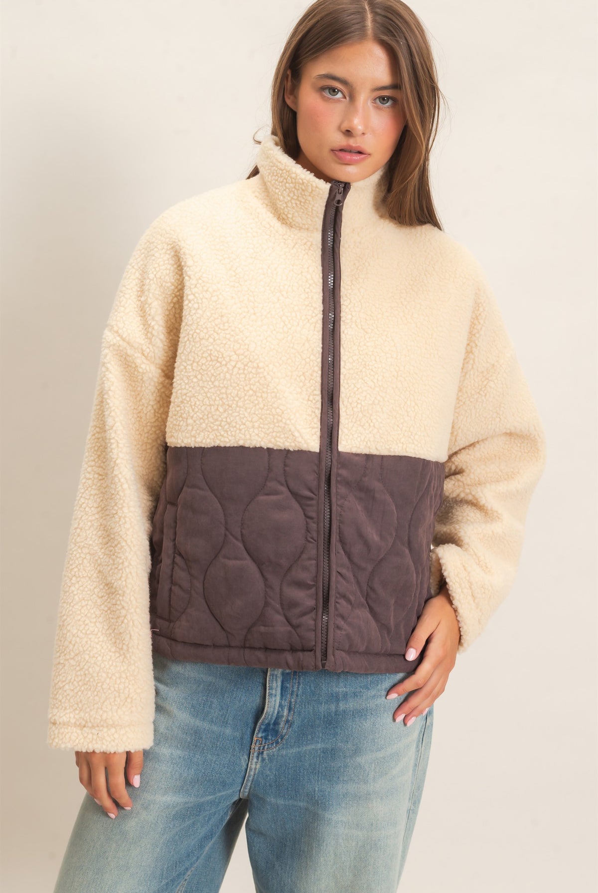 Wholesale Quilted Sherpa Zip Up Jacket Coats & Jackets DZ26F259 DARK BROWN DOUBLE ZERO
