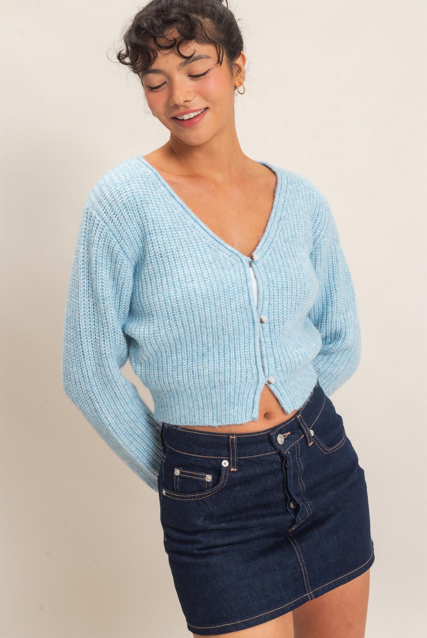 Wholesale V-Neck Ribbed Cardigan Cardigans DZ26E106 BLUE DOUBLE ZERO