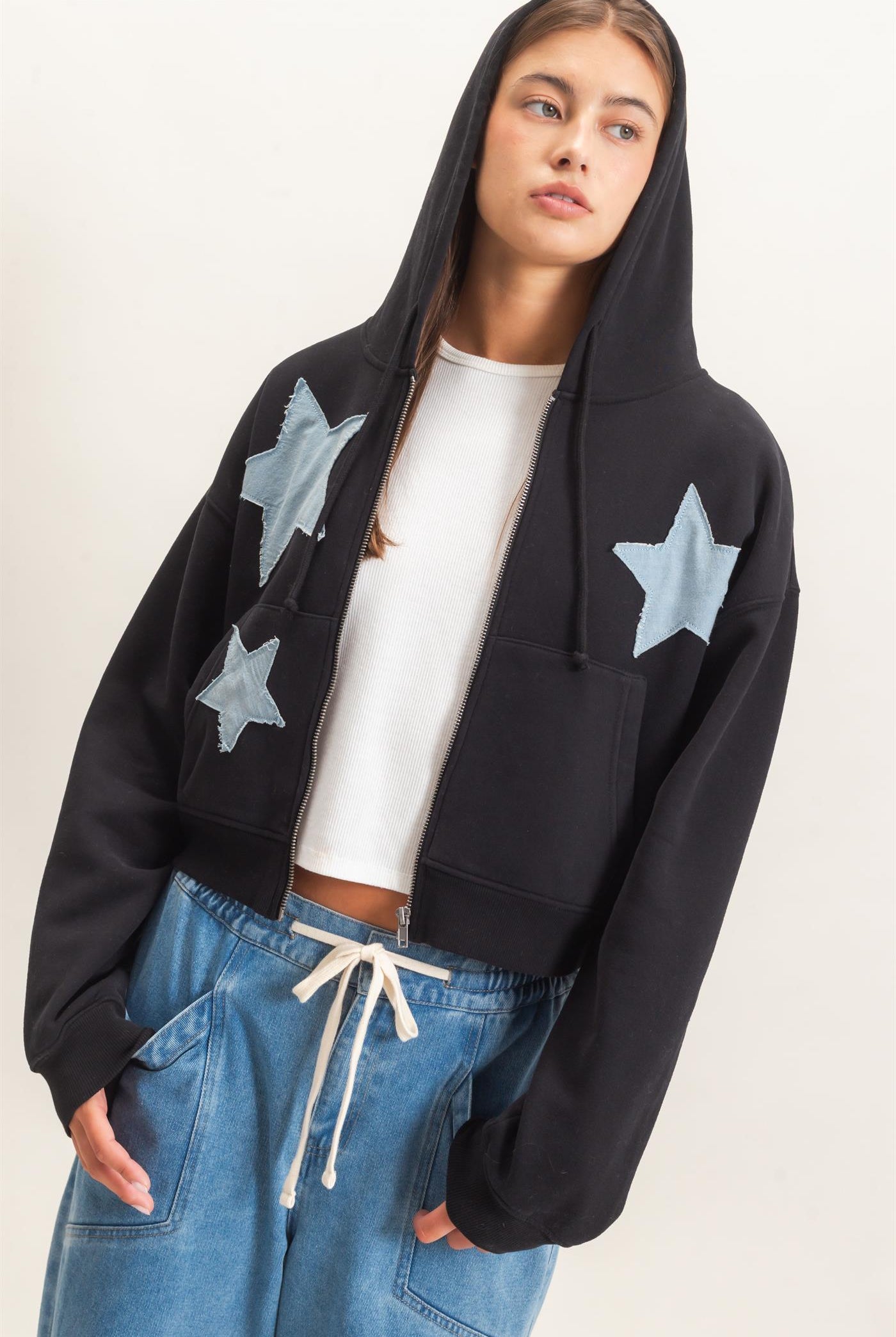 Wholesale Star Patch Zip-Up Hoodie Hoodies DZ26E828 BLACK DOUBLE ZERO
