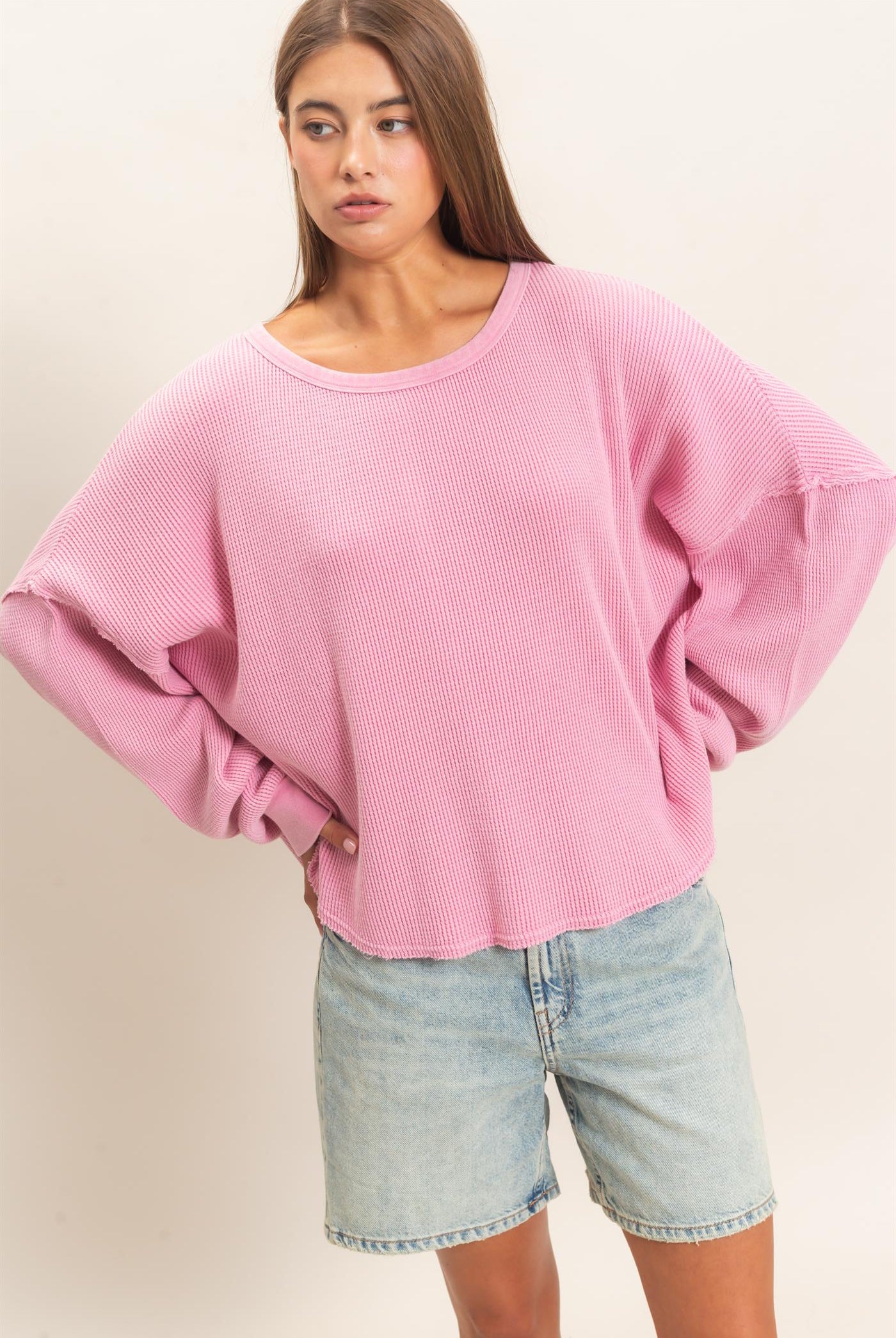 Wholesale Mineral Wash Waffle Oversized Top Clothing Tops DZ26E248 PINK DOUBLE ZERO
