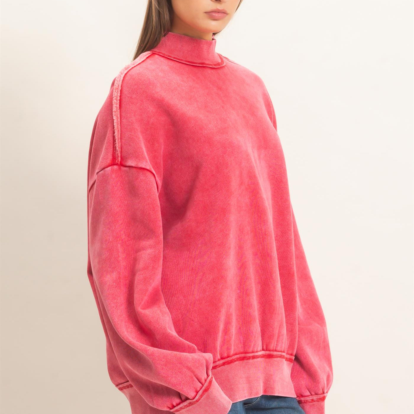 Wholesale Acid Washed Mock Neck Sweatshirt Sweatshirts DZ26E656 RED DOUBLE ZERO