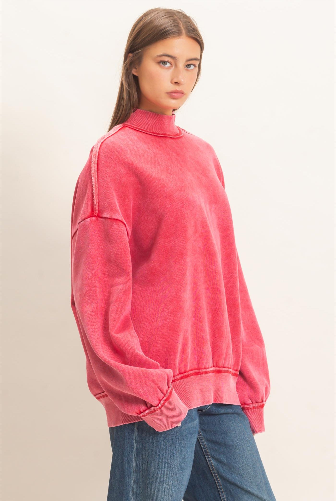 Wholesale Acid Washed Mock Neck Sweatshirt Sweatshirts DZ26E656 RED DOUBLE ZERO