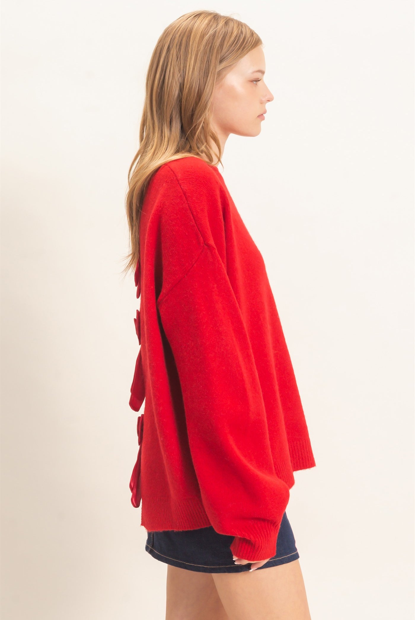 Wholesale Open Back Sweater With Organza Bows Sweaters HF26F149 RED HYFVE