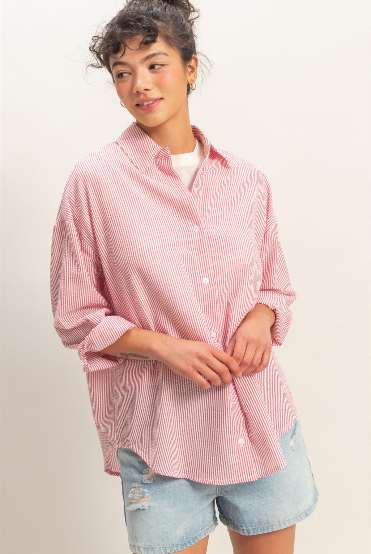 Wholesale Striped Button-Up Shirt Shirts DZ26A737 RED DOUBLE ZERO