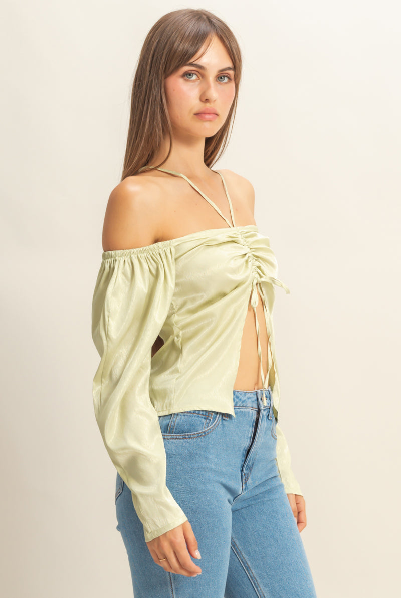 Wholesale Tie-Front Off-Shoulder Blouse Clothing Tops FS22E859 SAGE HYFVE