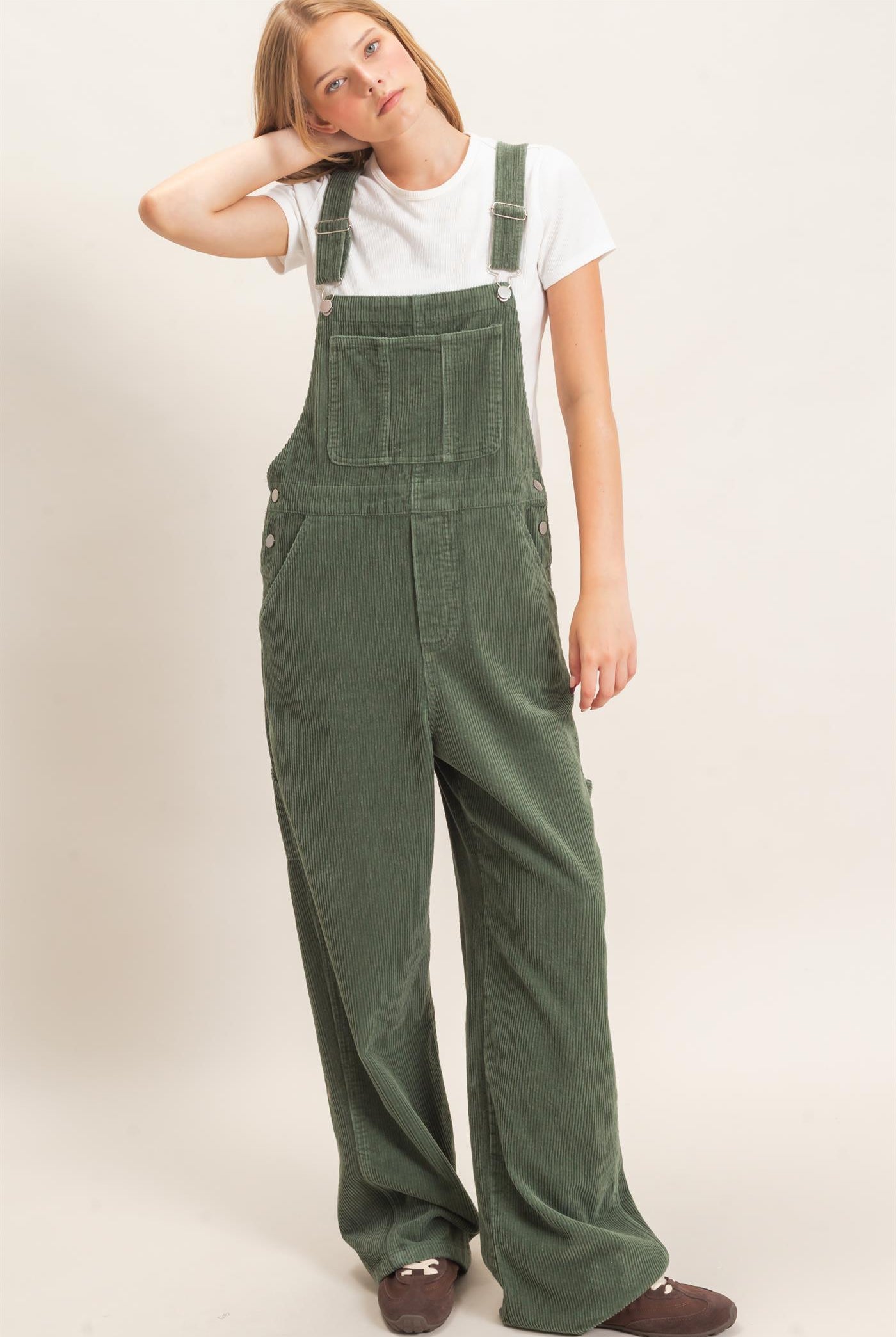Wholesale Mineral Wash Corduroy Overalls Clothing HF26F210-D OLIVE HYFVE