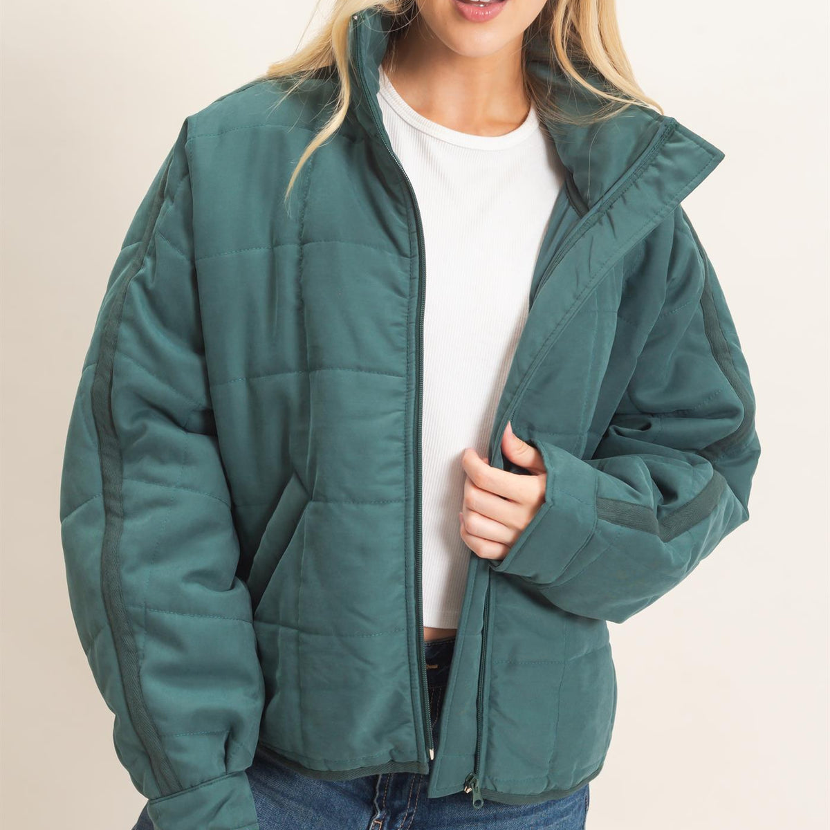 Wholesale Quilted High Collar Jacket Coats & Jackets HF26F167-D TEAL HYFVE