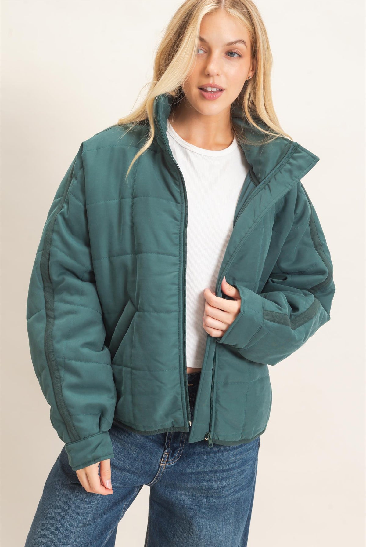 Wholesale Quilted High Collar Jacket Coats & Jackets HF26F167-D TEAL HYFVE