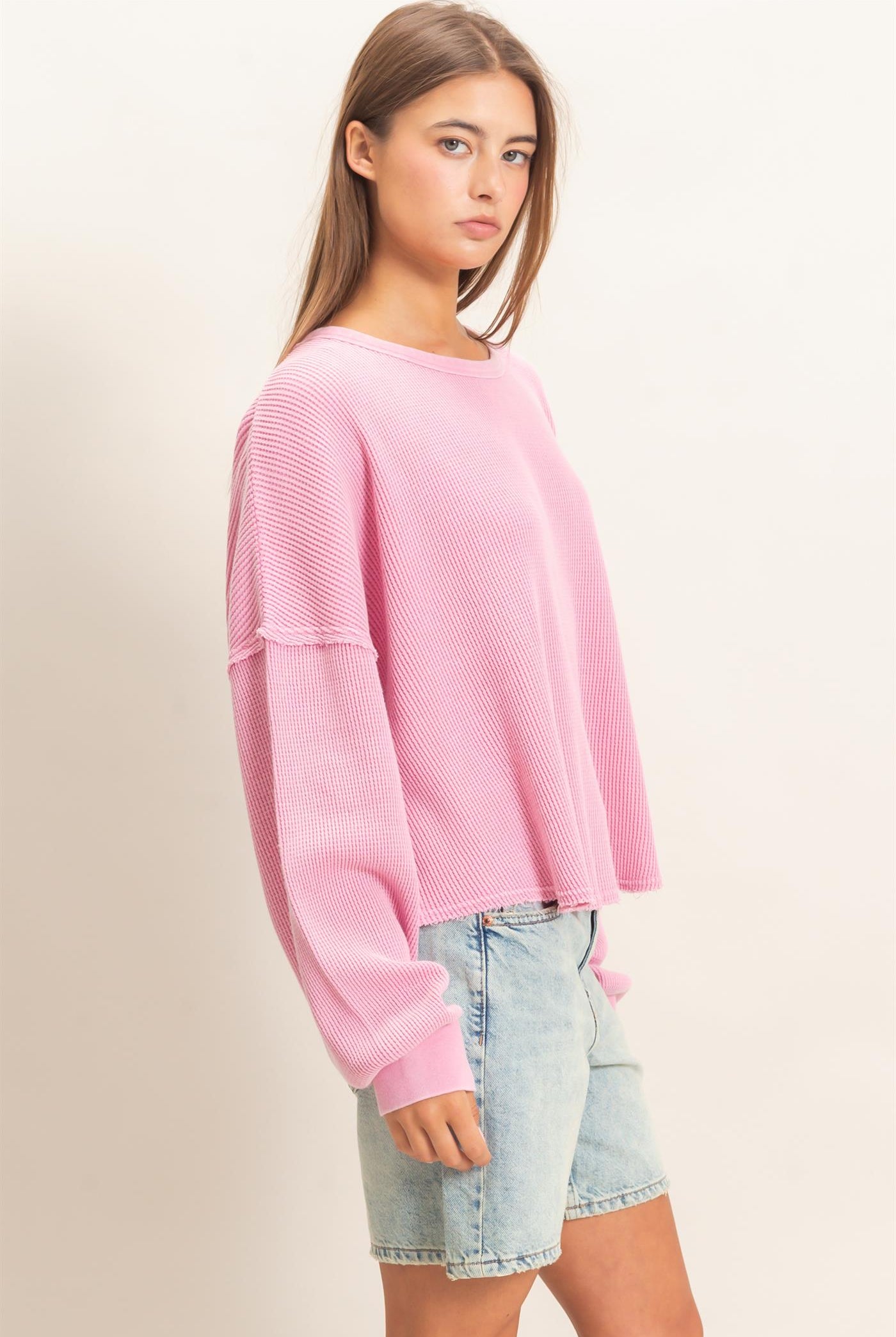 Wholesale Mineral Wash Waffle Oversized Top Clothing Tops DZ26E248 PINK DOUBLE ZERO