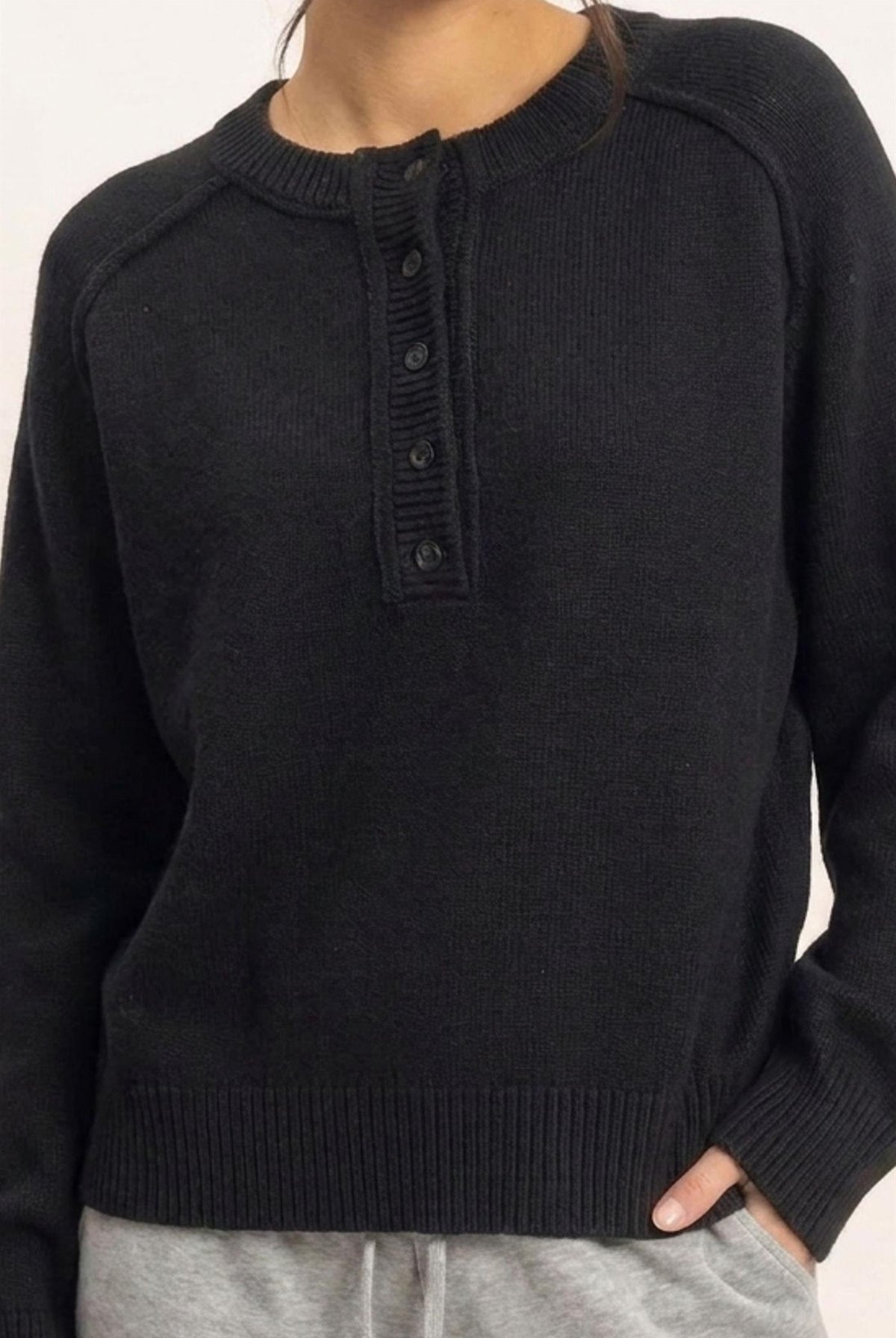 Wholesale Henley Sweater With Reverse Seams Sweaters DZ26F004 BLACK DOUBLE ZERO