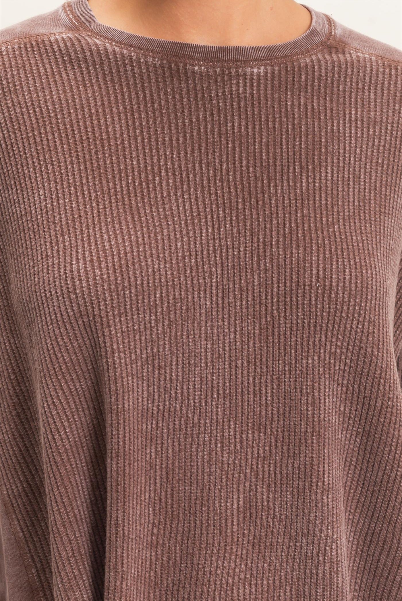 Wholesale Oversized Mineral Washed Waffle Knit Top Clothing Tops DZ26E654 DARK BROWN DOUBLE ZERO
