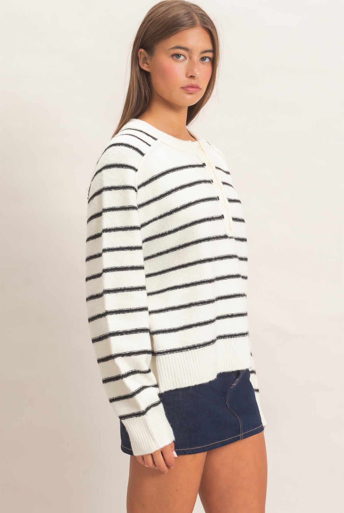 Wholesale Stripe Henley Sweater Sweaters DZ26F002 CREAM DOUBLE ZERO