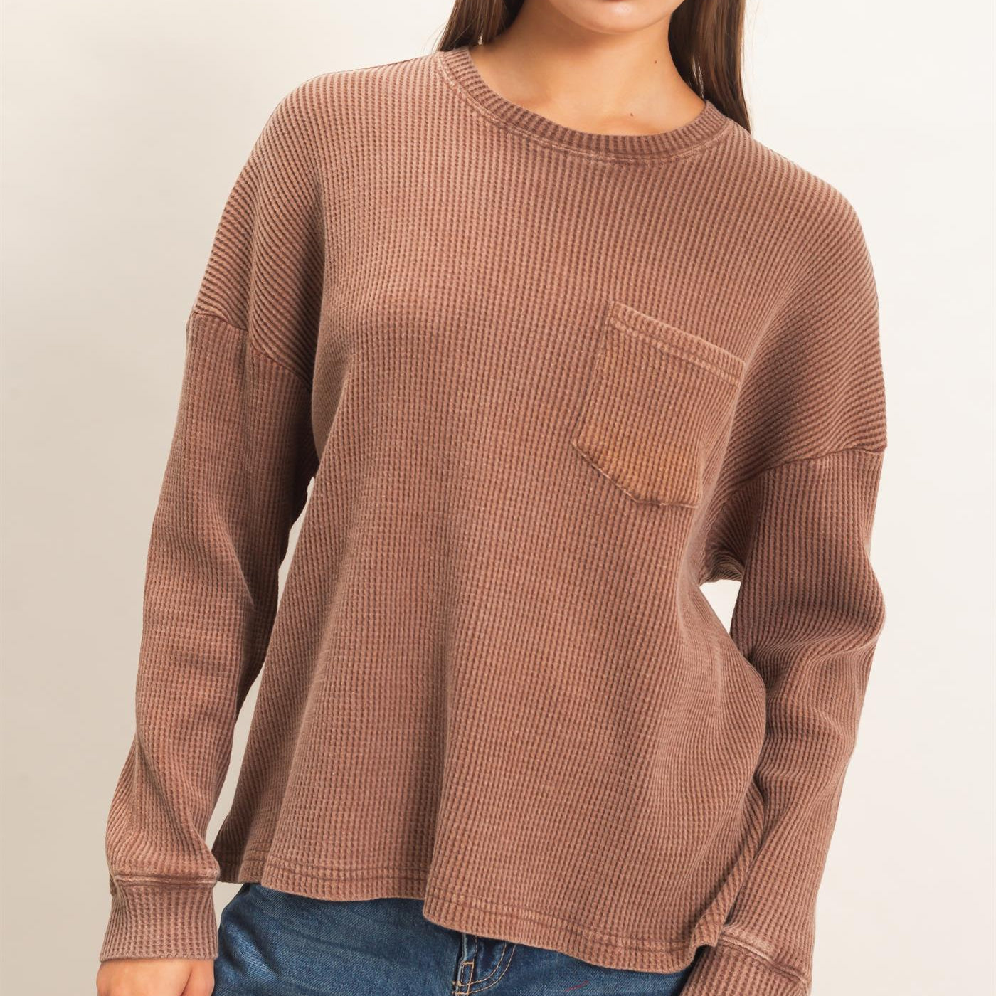 Wholesale Mineral Wash Waffle Long Sleeve Top Clothing Tops DZ26F242 DARK BROWN DOUBLE ZERO