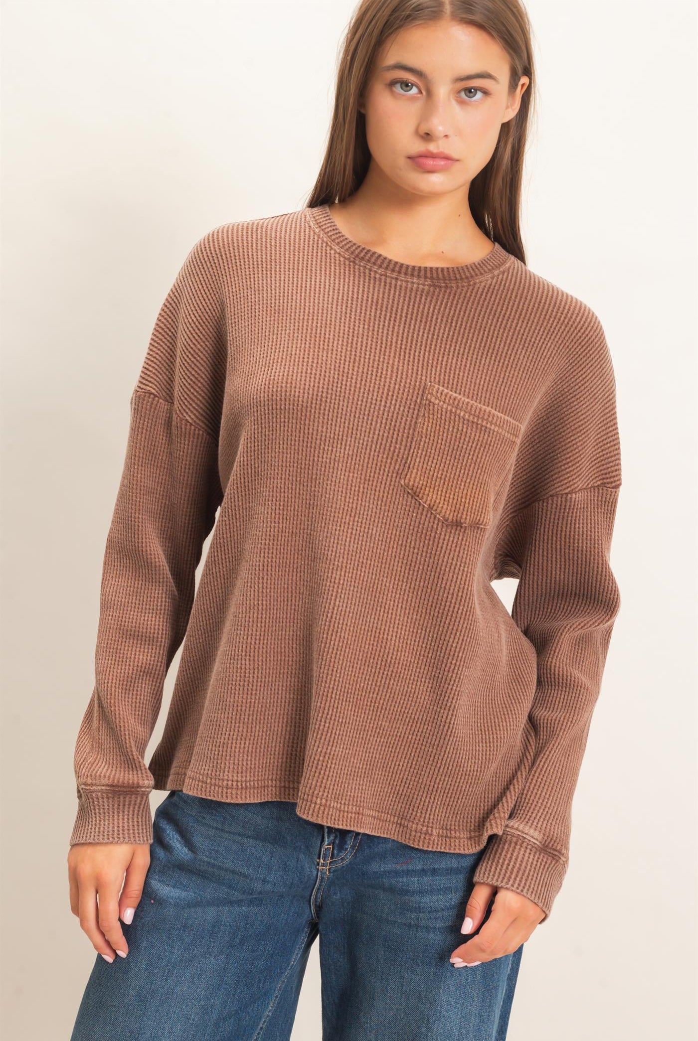 Wholesale Mineral Wash Waffle Long Sleeve Top Clothing Tops DZ26F242 DARK BROWN DOUBLE ZERO
