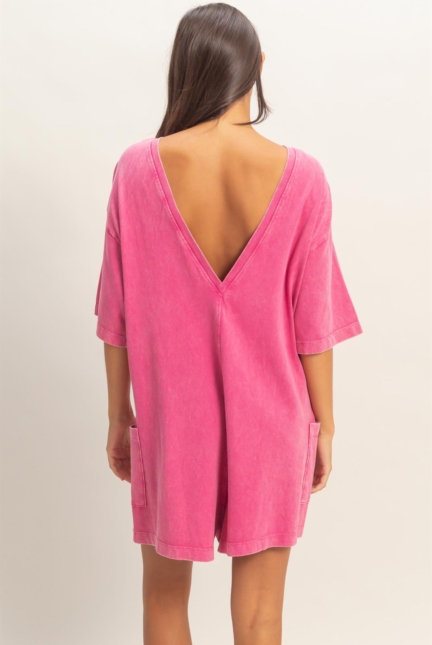 Wholesale Mineral Washed V-Back Romper Clothing DZ26A326 FUCHSIA HYFVE