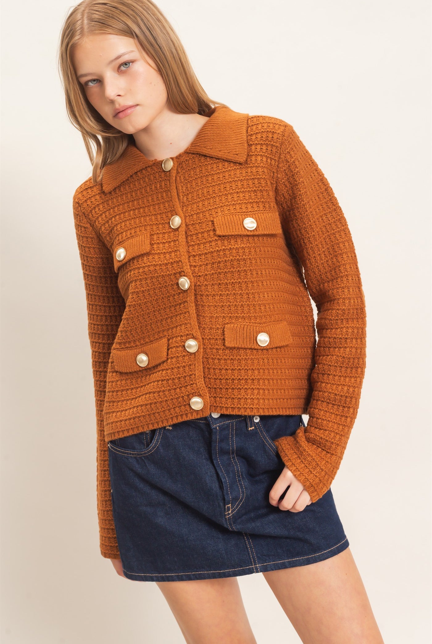 Wholesale Textured Collared Sweater Jacket Cardigans HF26F190 CAMEL HYFVE