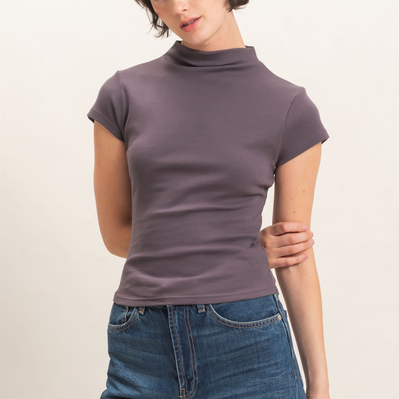 Wholesale Mock Neck Cap Sleeve Top Clothing Tops DZ26E323 CHARCOAL DOUBLE ZERO