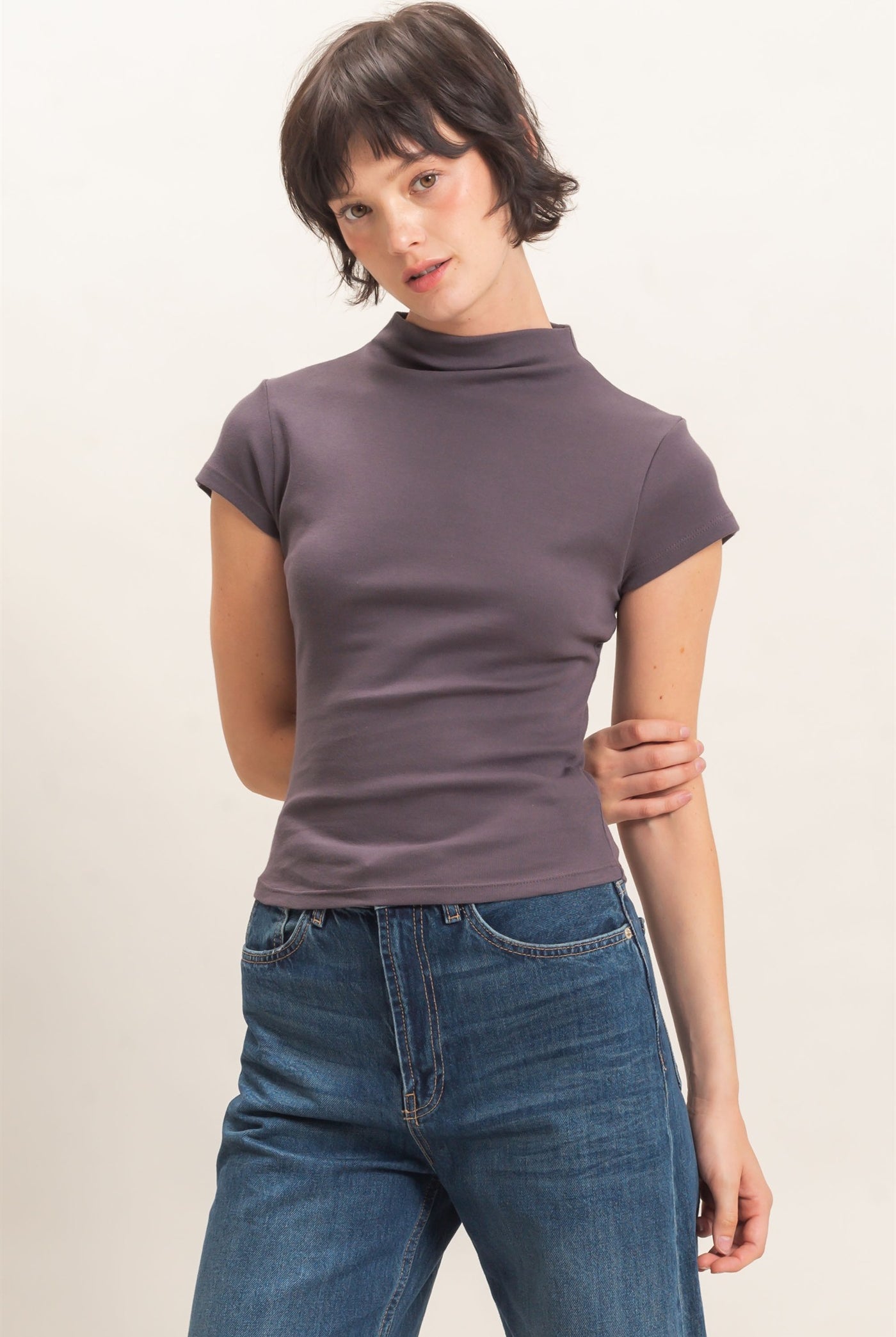 Wholesale Mock Neck Cap Sleeve Top Clothing Tops DZ26E323 CHARCOAL DOUBLE ZERO