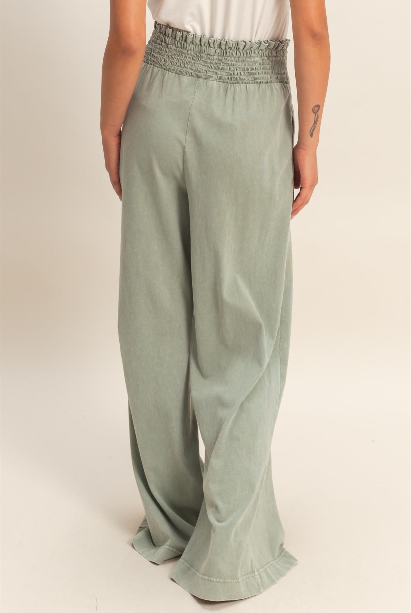 Wholesale Mineral Washed Wide-Leg Smocked Waist Pants Pants DZ26A249 SAGE GREEN DOUBLE ZERO