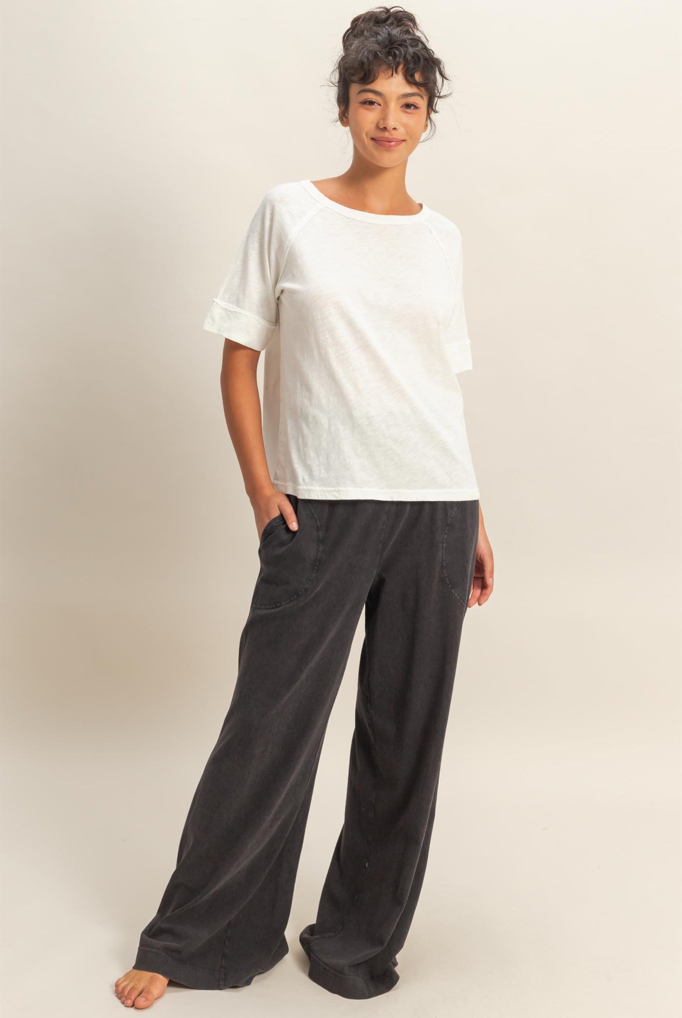 Wholesale Mineral Washed Wide-Leg Smocked Waist Pants Pants DZ26A249 BLACK DOUBLE ZERO