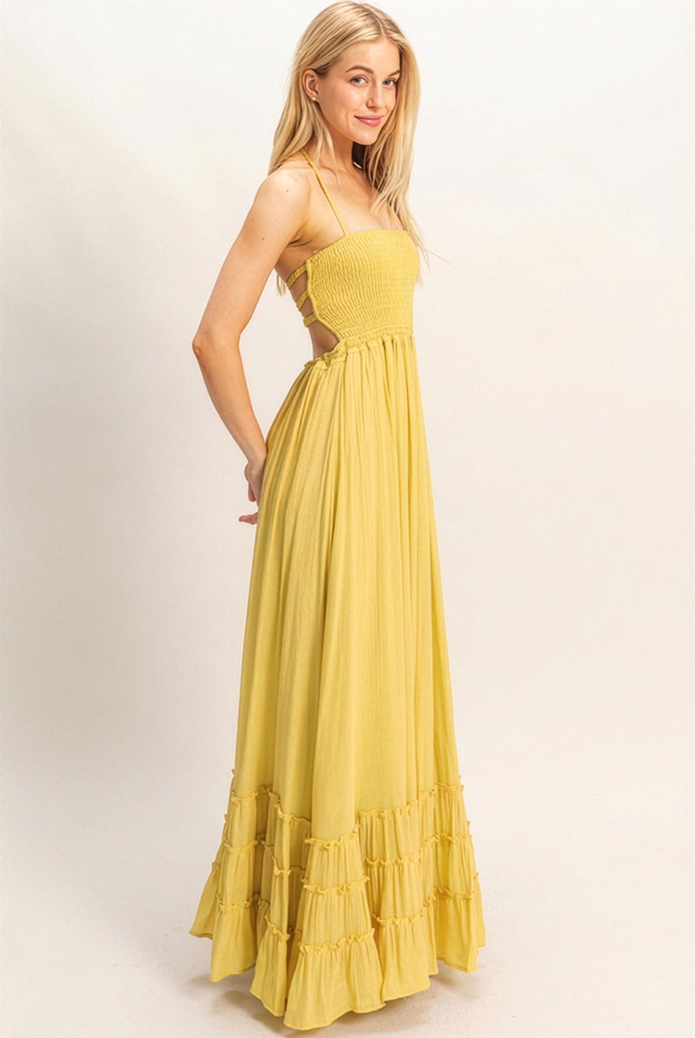 Wholesale Smocked Halter Maxi Dress Dresses HF26C290-D LIGHT YELLOW HYFVE