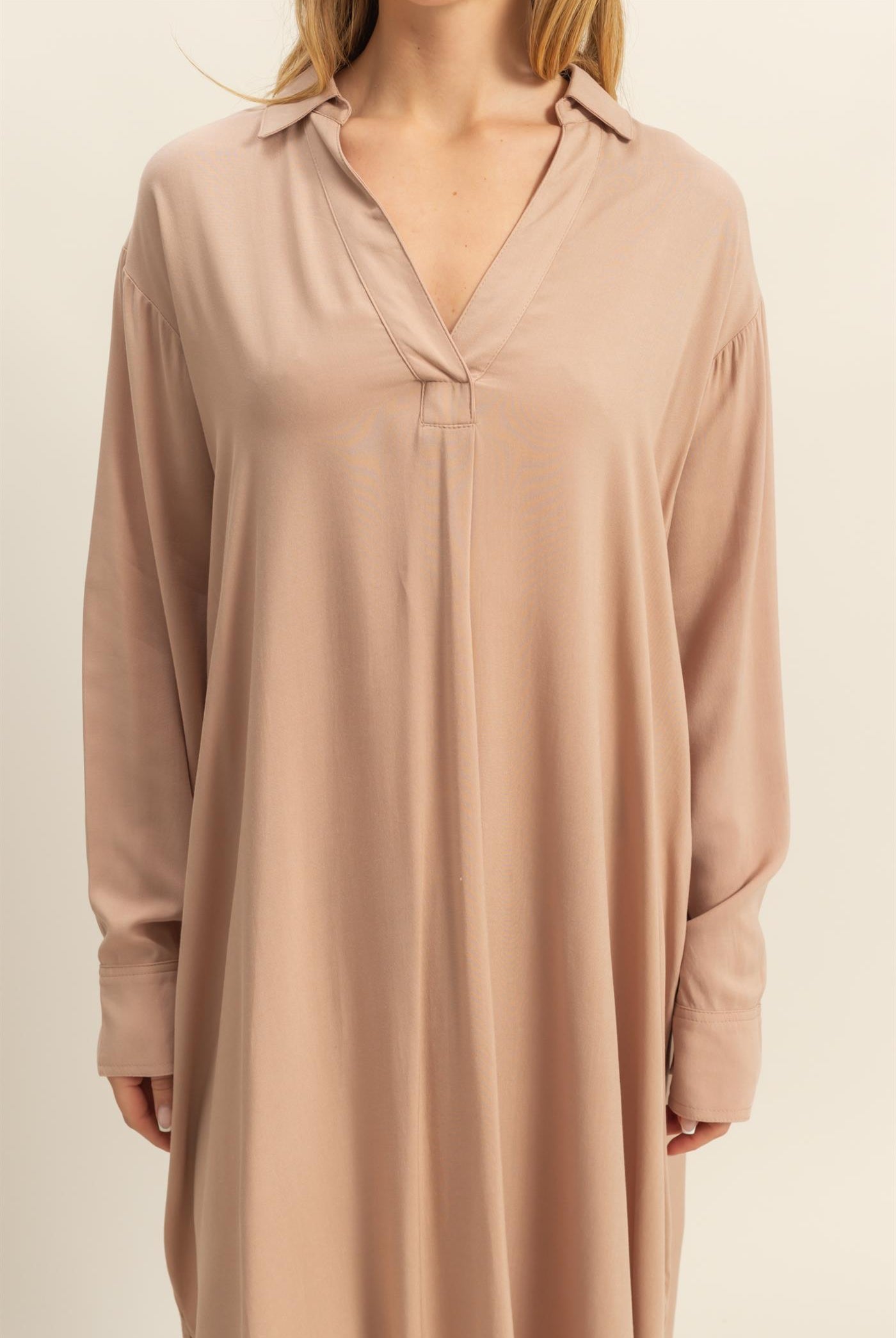 Wholesale V-Neck Long Sleeved Midi Shirts Dress Dresses DZ24E706 DARK TAUPE DOUBLE ZERO