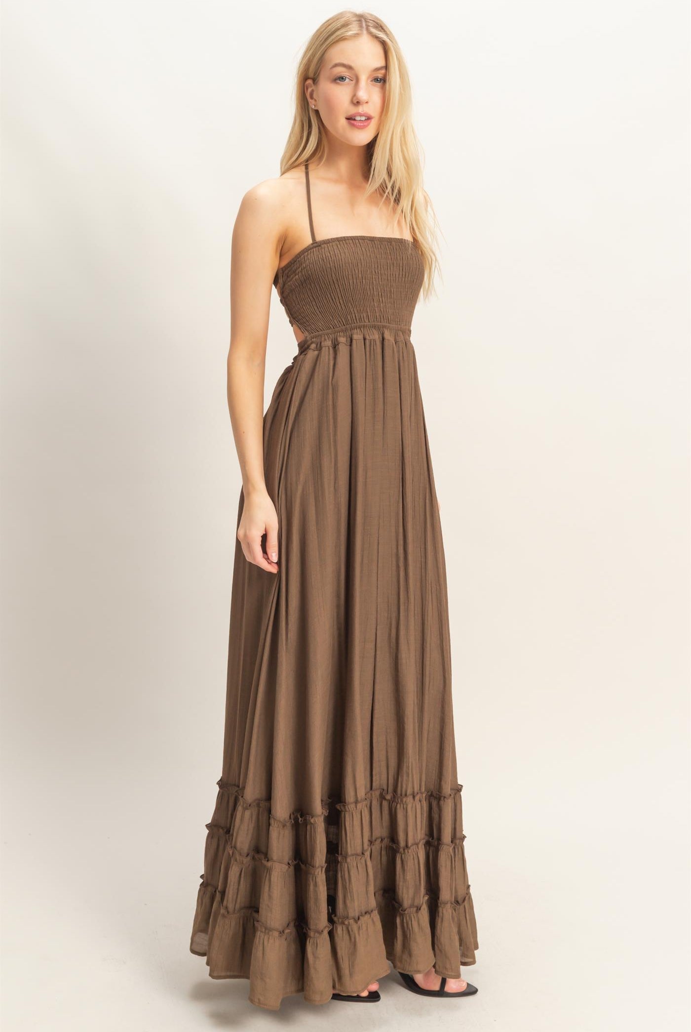 Wholesale Smocked Halter Maxi Dress Dresses HF26C290-D CHOCOLATE HYFVE