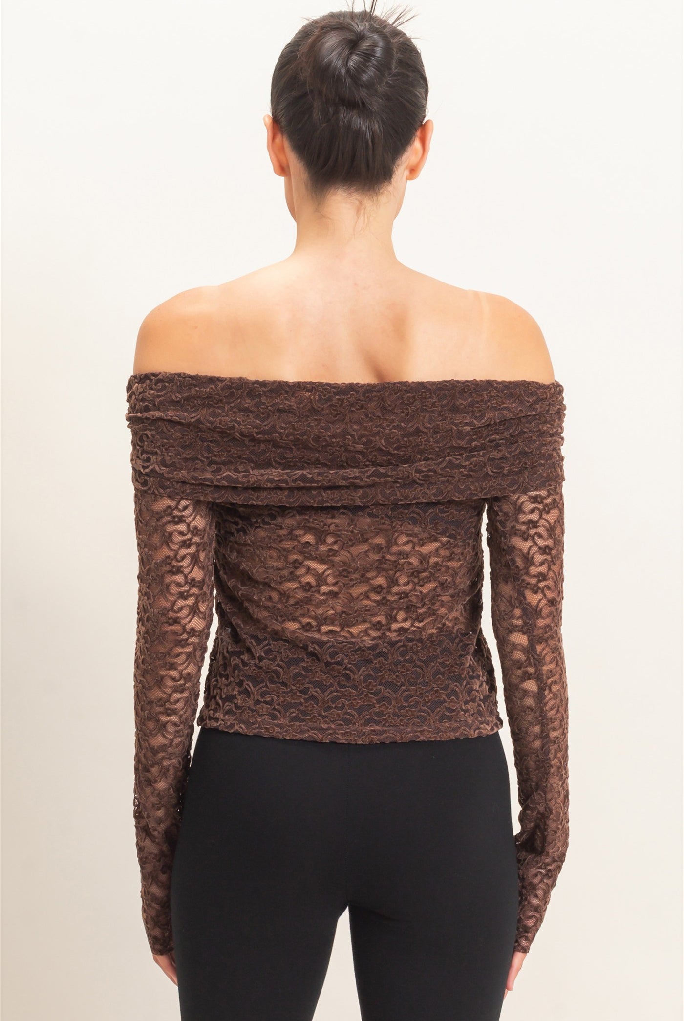 Wholesale Off-Shoulder Lace Top Clothing Tops HF26E407 CHOCOLATE HYFVE