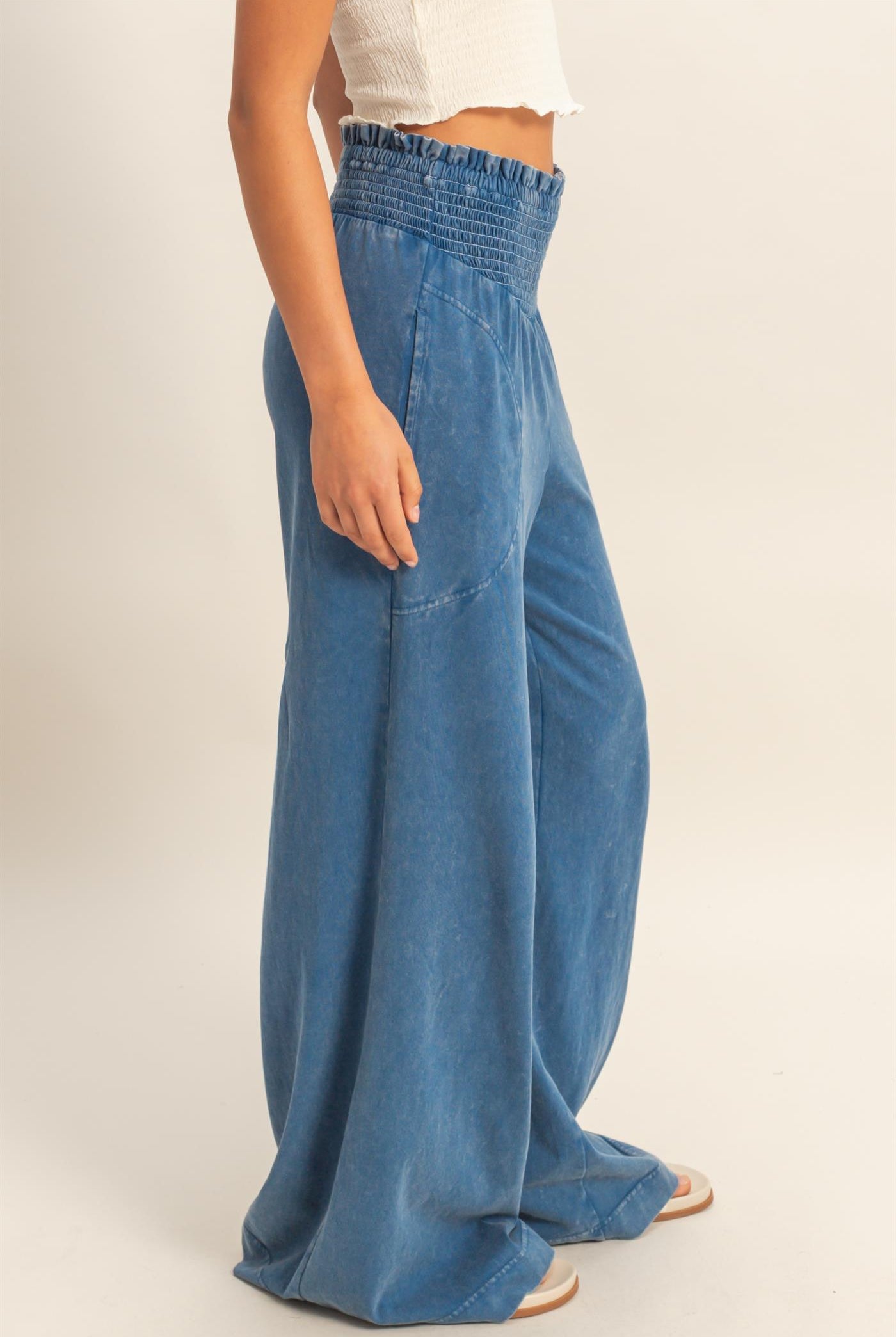 Wholesale Mineral Washed Wide-Leg Smocked Waist Pants Pants DZ26A249 NAVY DOUBLE ZERO