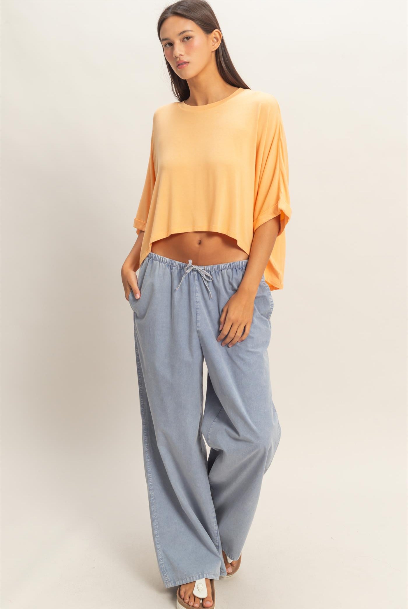 Wholesale Relaxed High-Low Batwing Sleeve Top Shirts DZ26A742 APRICOT DOUBLE ZERO