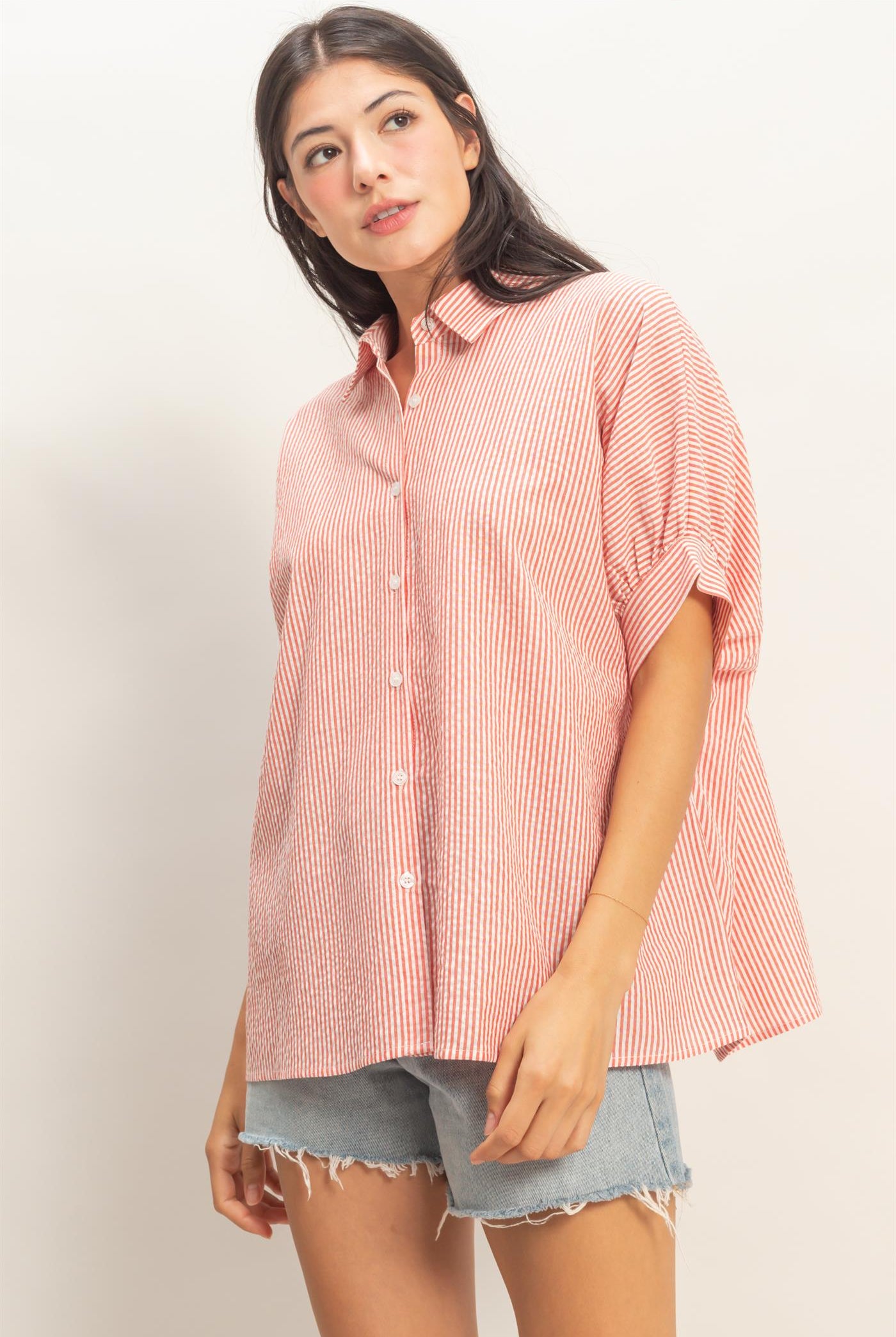 Wholesale Striped Short Sleeve Button-Front Blouse T-Shirts DZ26C276 RED DOUBLE ZERO