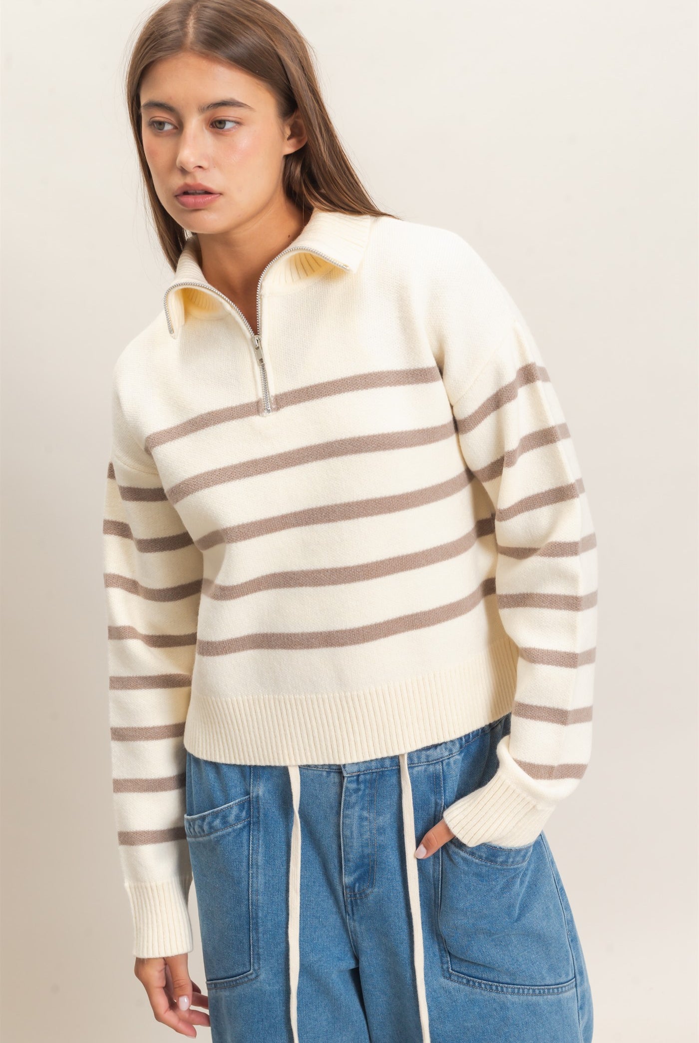 Wholesale Half-Zip Collared Stripe Sweater Sweaters DZ26E950 TAUPE DOUBLE ZERO