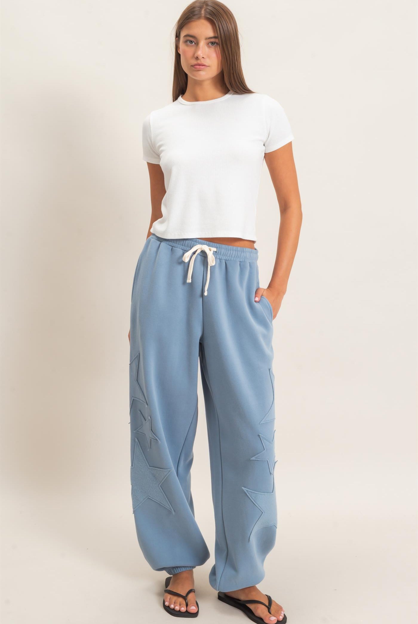 Wholesale Star Patch Jogger Pants Joggers DZ26E889 DUSTY BLUE DOUBLE ZERO