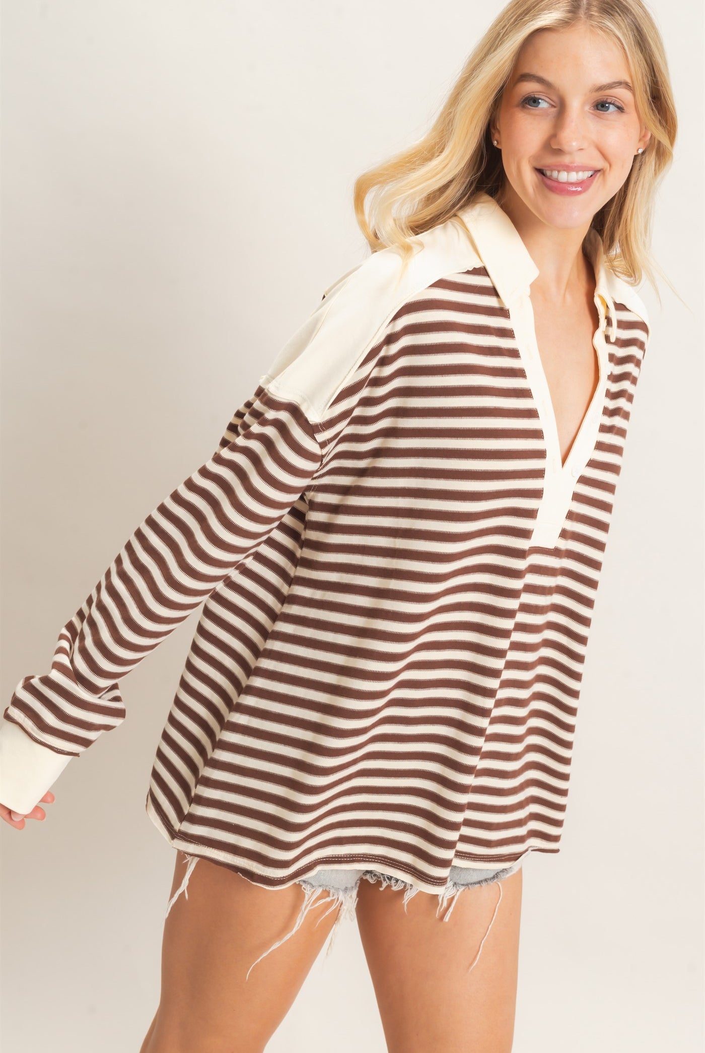Wholesale Striped Henley Sweatshirt Clothing Tops HF26F089 CHESTNUT HYFVE