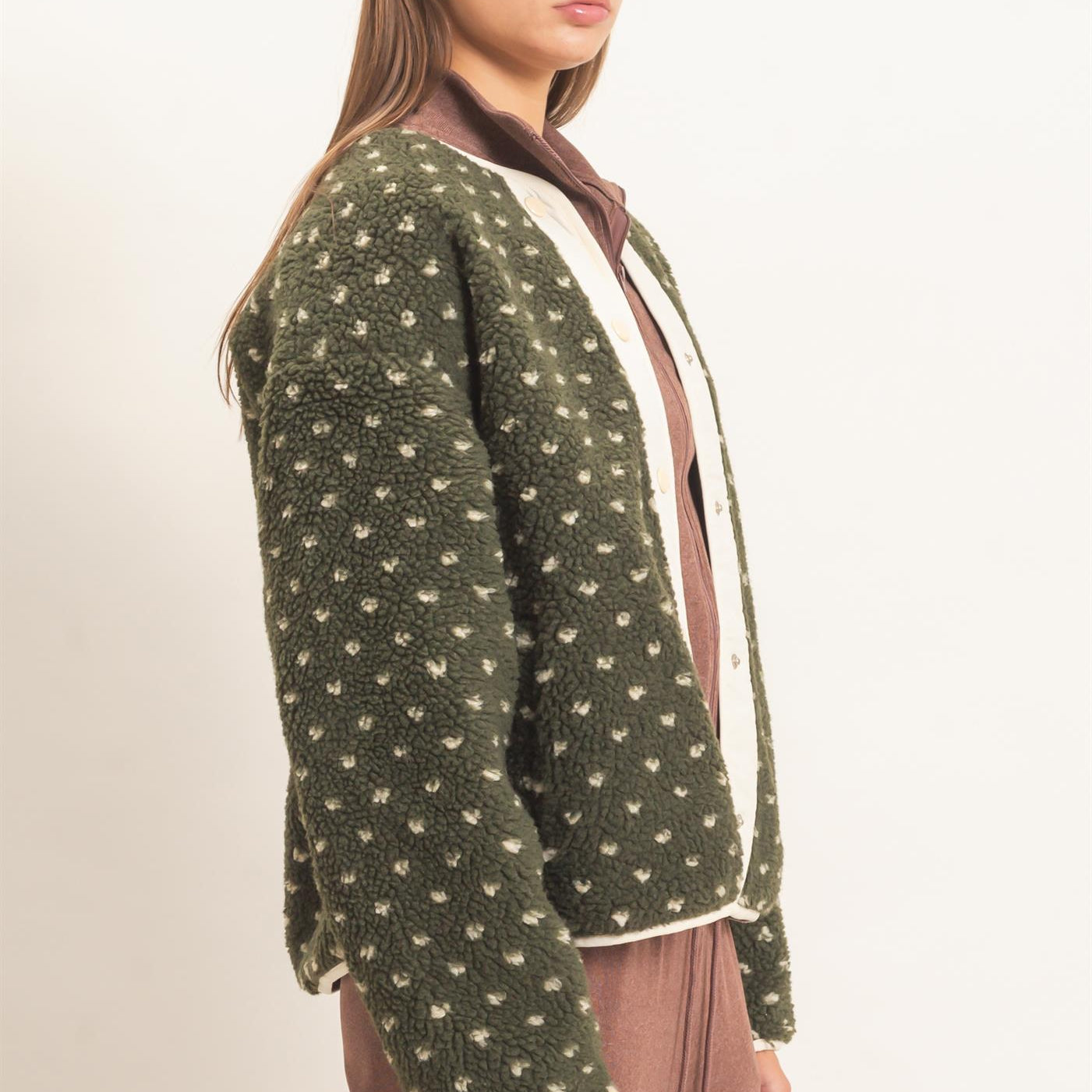 Wholesale Polka Dot Sherpa Jacket Coats & Jackets DZ26F160 DARK OLIVE DOUBLE ZERO