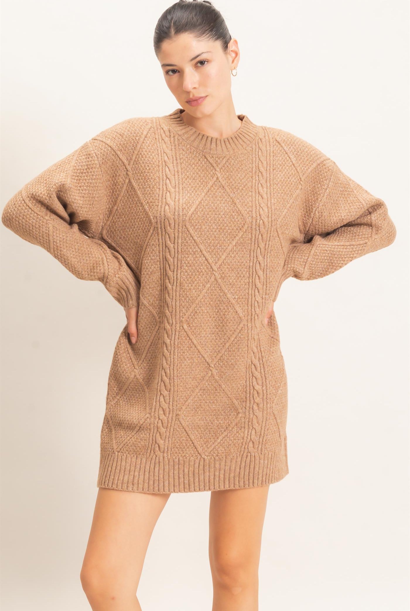 Wholesale Cable Knit Crew Neck Dress Dresses HF26F006 TAUPE HYFVE