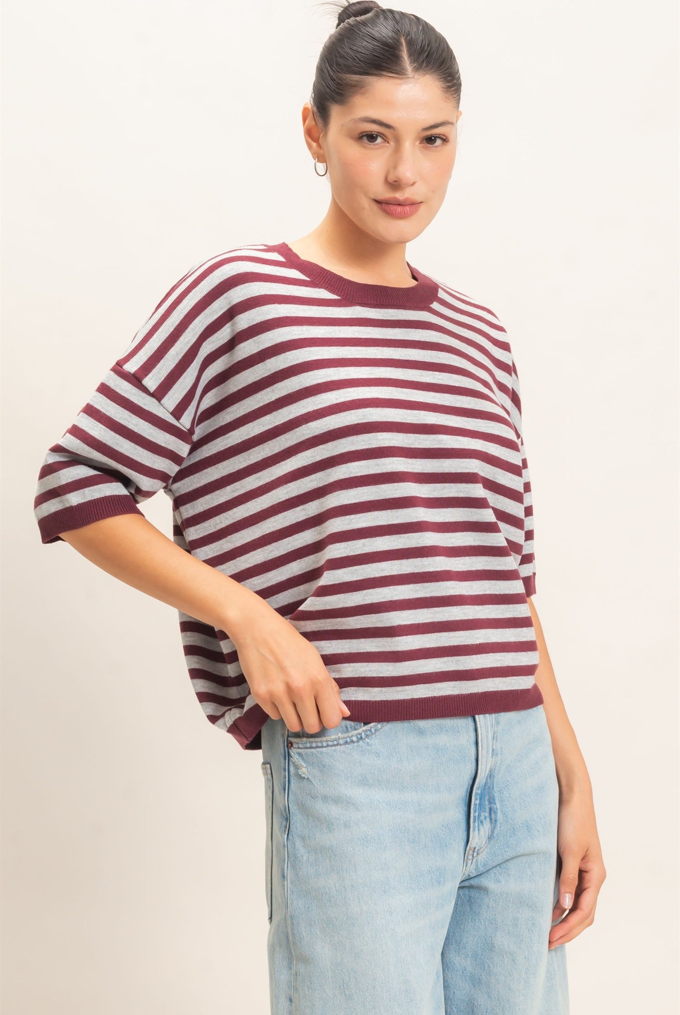 Wholesale Striped Crew Neck Sweater Sweaters HF26E234 WINE HYFVE