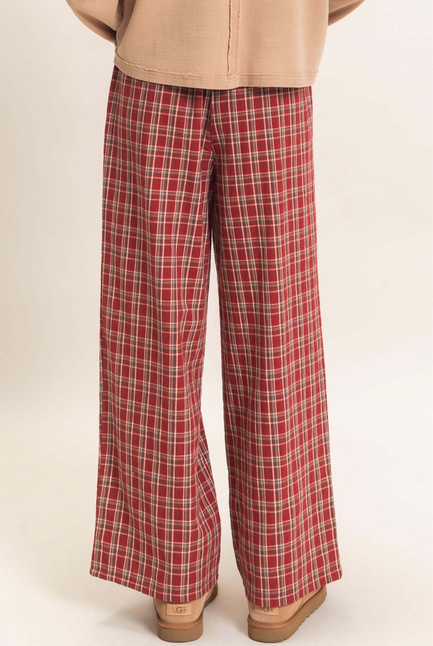 Wholesale Elastic Waist Plaid Pants Pants DZ26E375 DARK RED DOUBLE ZERO
