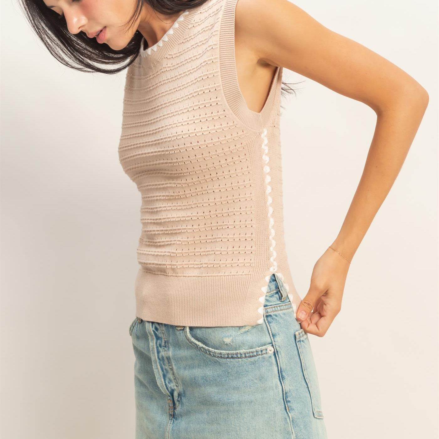 Wholesale Eyelet Sleeveless Knit Top Clothing Tops DZ26A617 DARK TAUPE DOUBLE ZERO